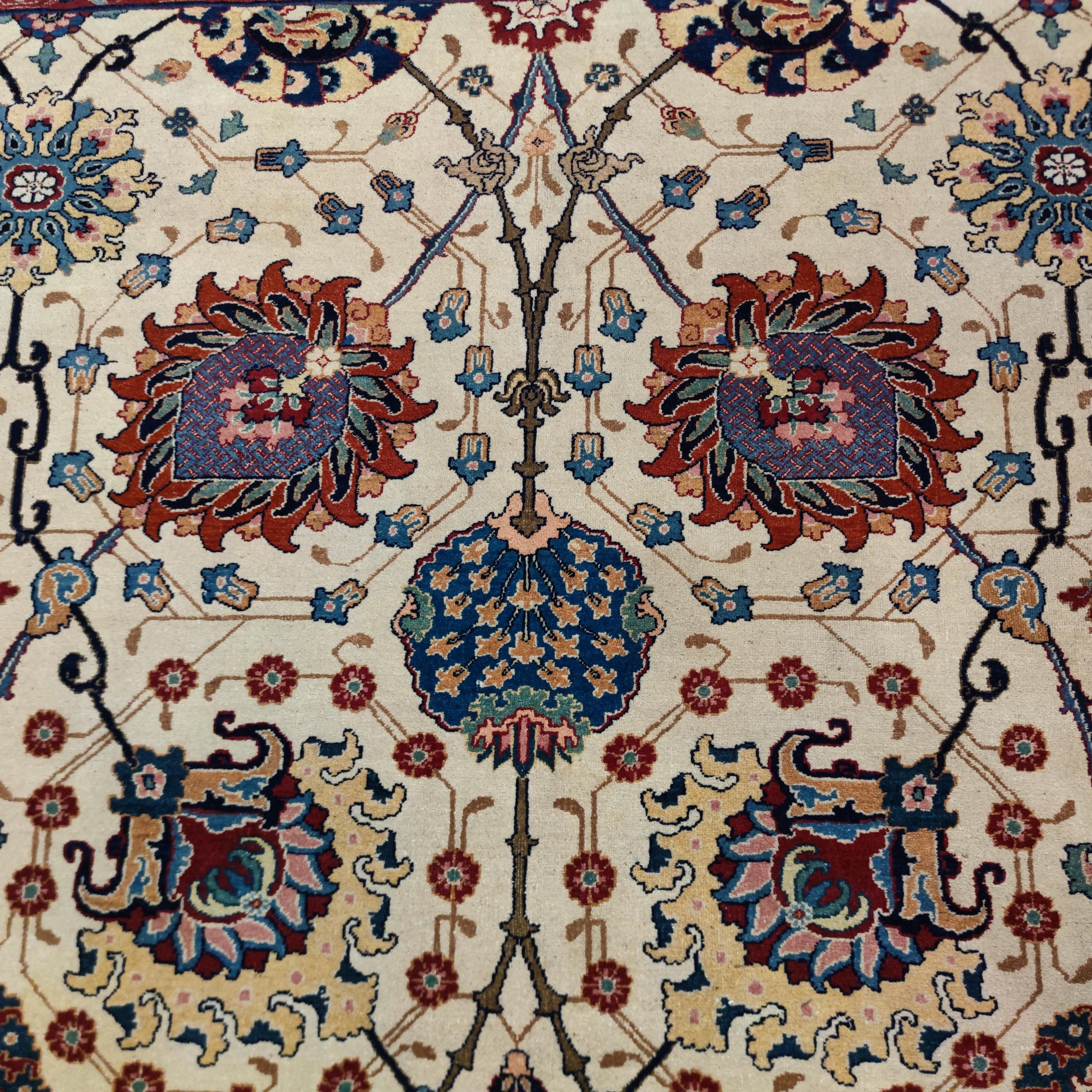 Hand-Knotted Fine Antique White Ground Tabriz Benlian Carpet with Large Scale All-Over Design For Sale