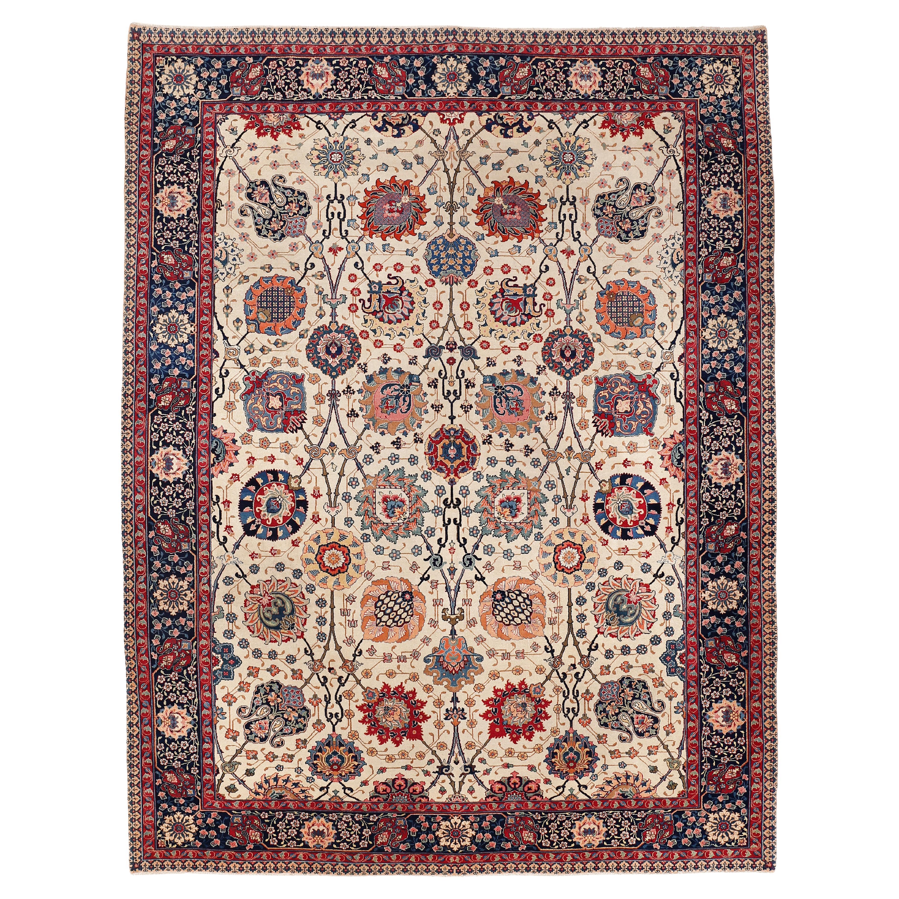 Fine Antique White Ground Tabriz Benlian Carpet with Large Scale All-Over Design For Sale