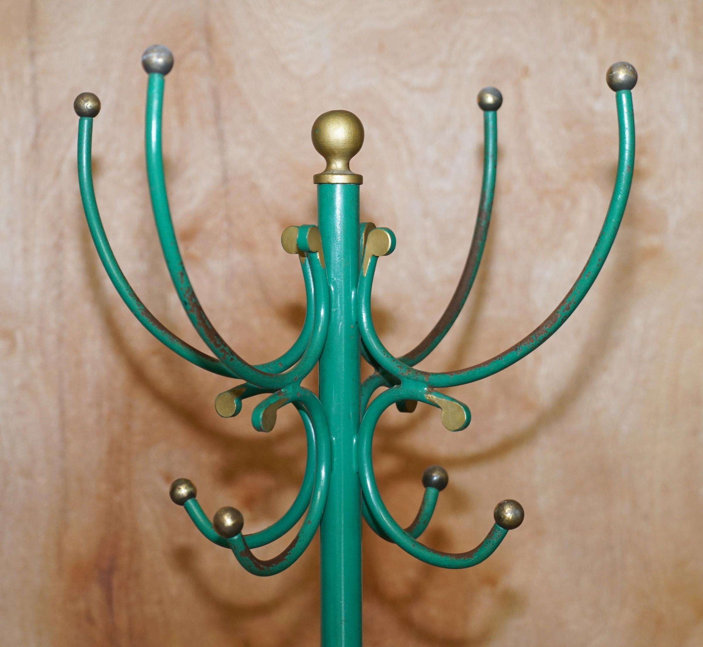 Hand-Painted Fine Antique Wrought Iron Green Paint & Gold Leaf Painted Victorian Coat Stand For Sale