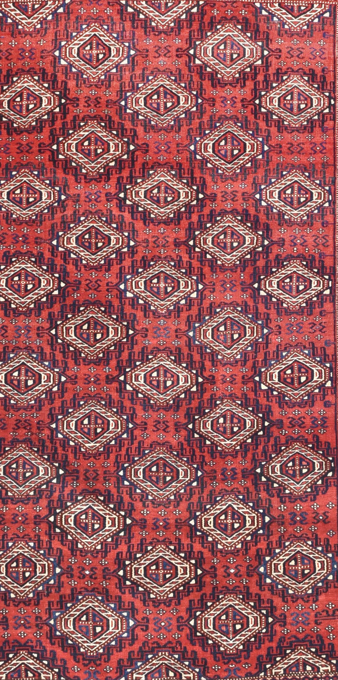 Fine Antique Yomut (Yomud) Russain Turkemanstan rug, Bukhara design, hand knotted, circa 1890

Design: Bukhara Design

The Yomut carpet is a type of Turkmen rug traditionally handwoven by the Yomut or Yomud, one of the major tribes of