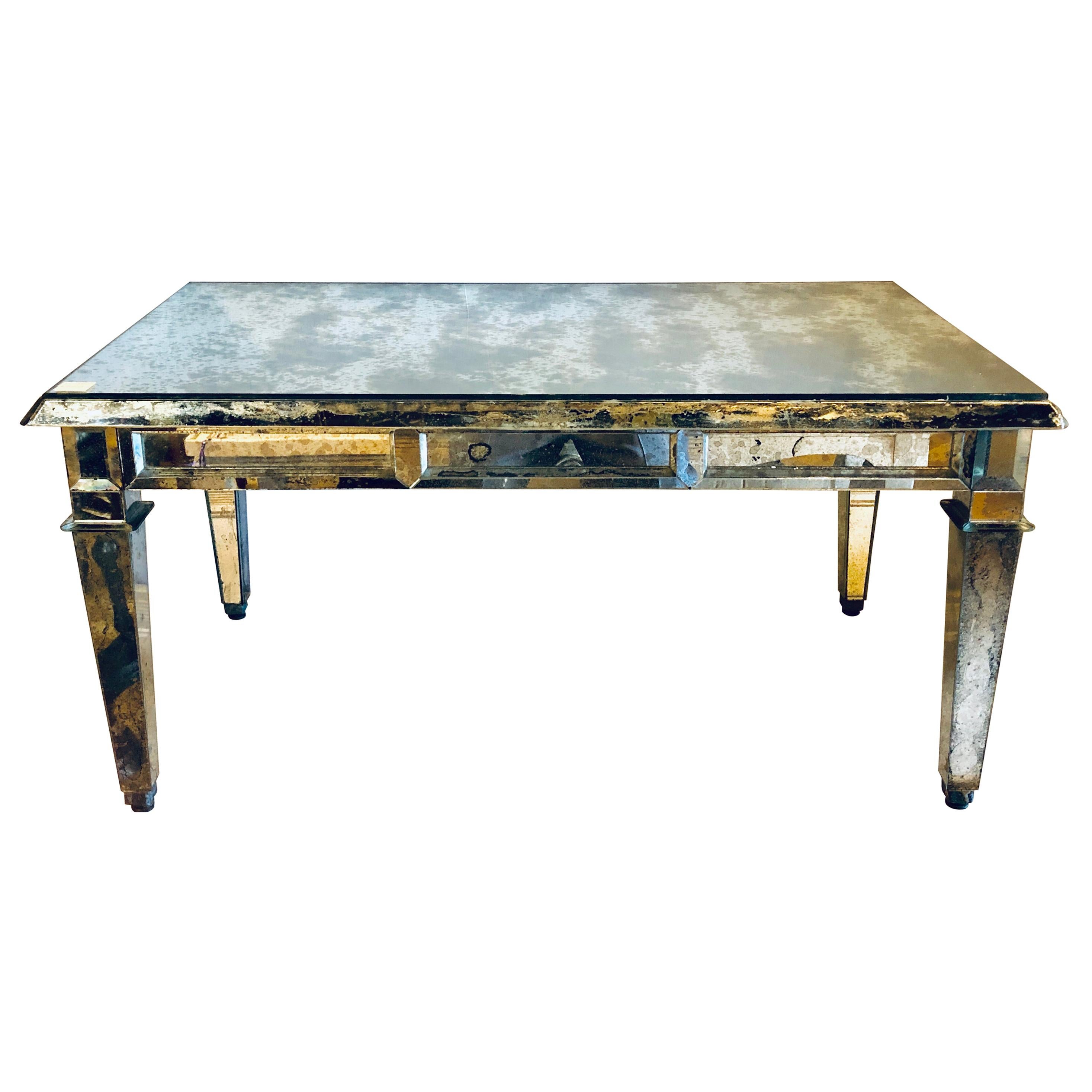 Fine Antiqued Mirror Glass Coffee Table in Hollywood Regency Style