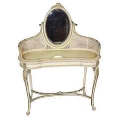 Fine Antuque French Cane Creme Painted Louis ladies XV Vanity and Matching Stool