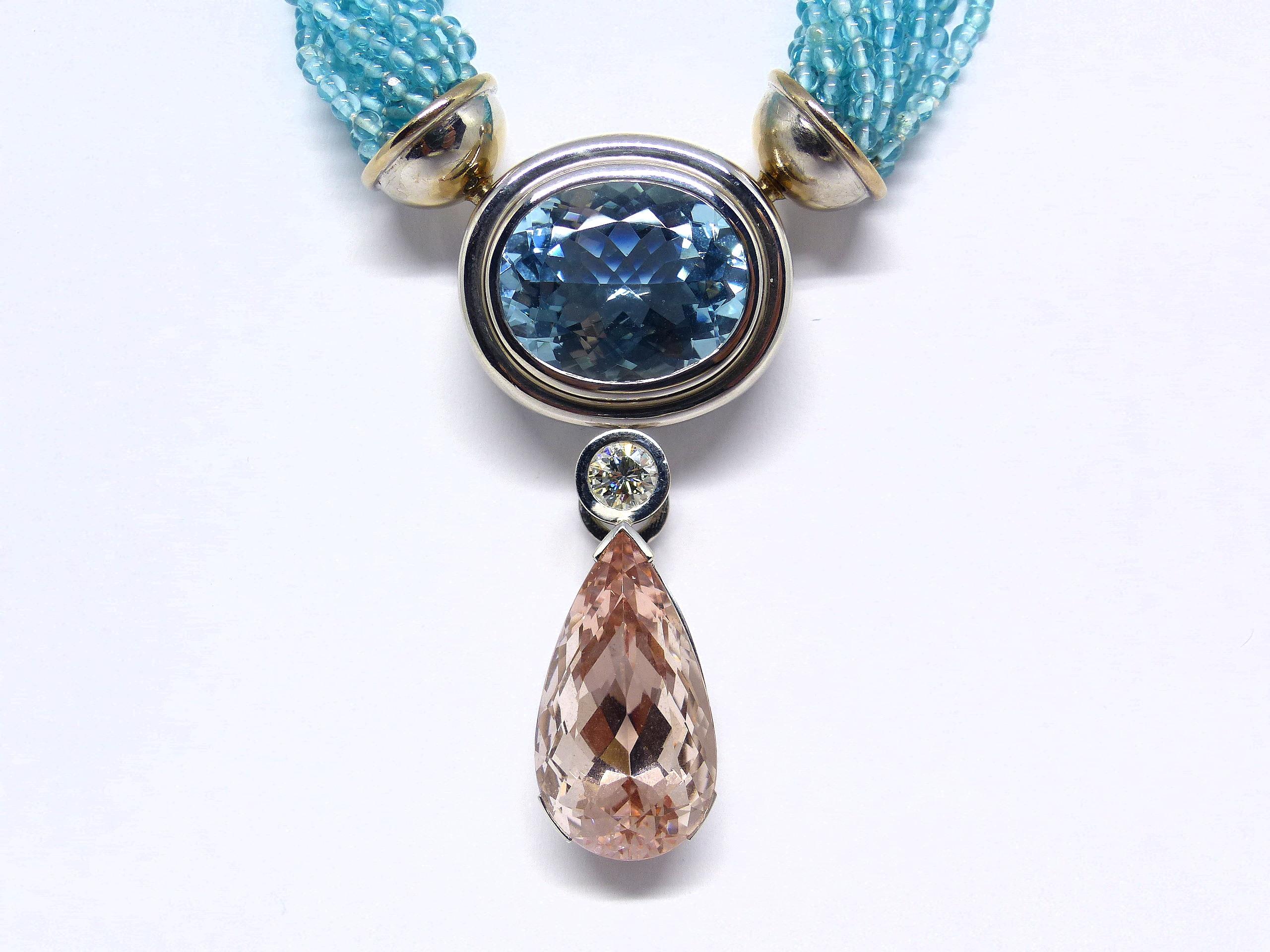 Oval Cut Necklace in White Gold with 1 Aquamarine and 1 Apatite Tassel.  For Sale