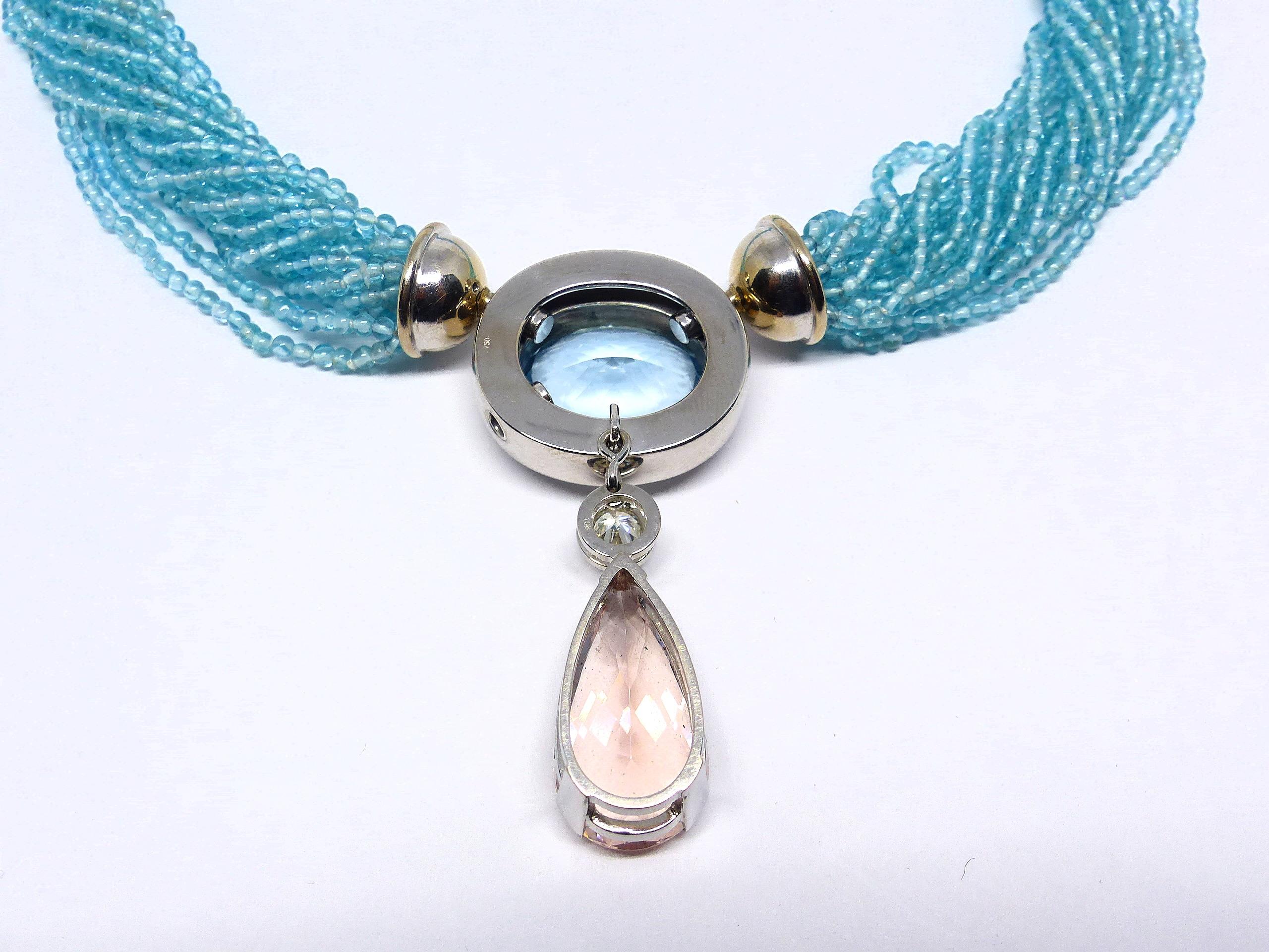 Necklace in White Gold with 1 Aquamarine and 1 Apatite Tassel.  In New Condition For Sale In Idar-Oberstein, DE