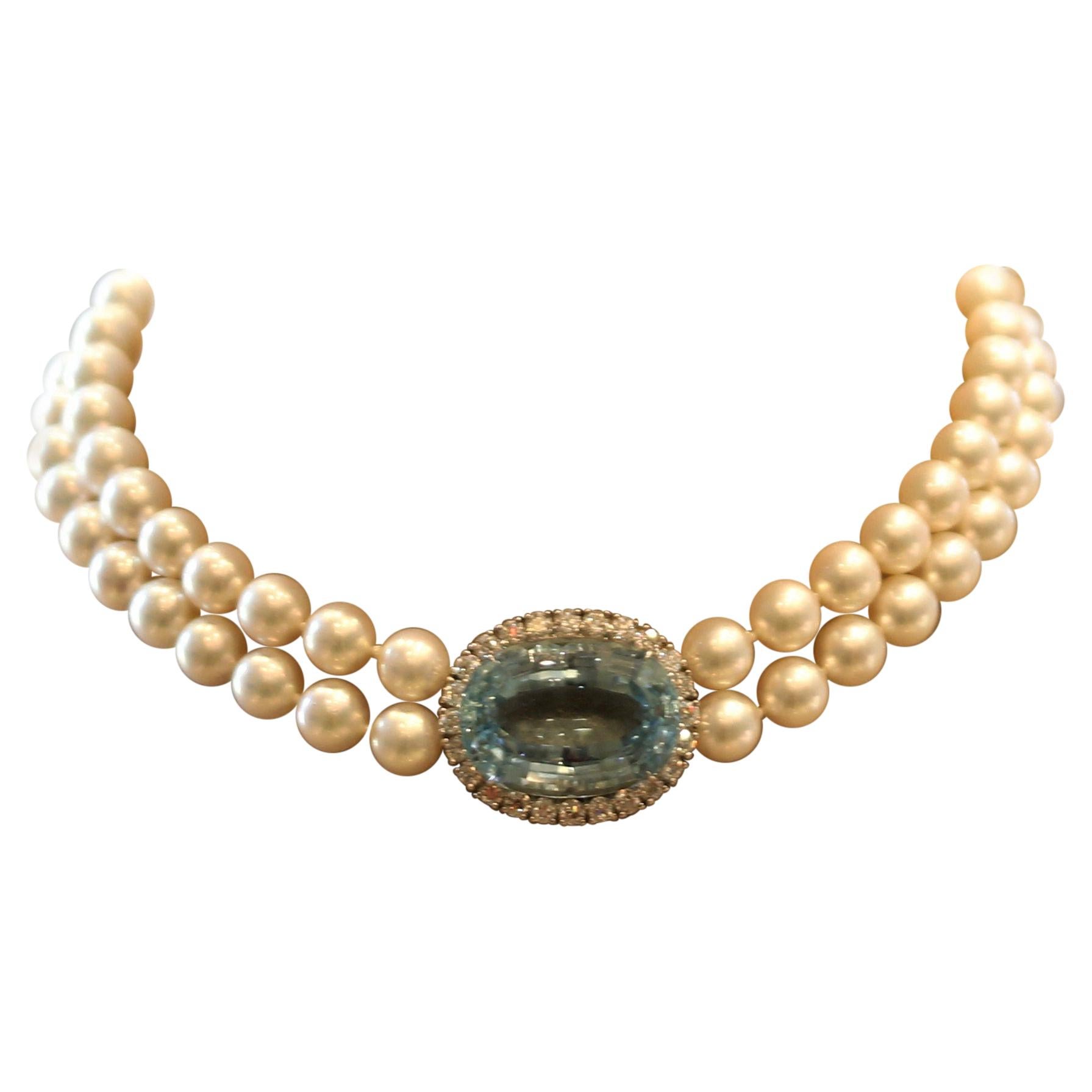 Fine Aquamarine Diamond Akoya Pearl Double-Strand Gold Choker Necklace For Sale