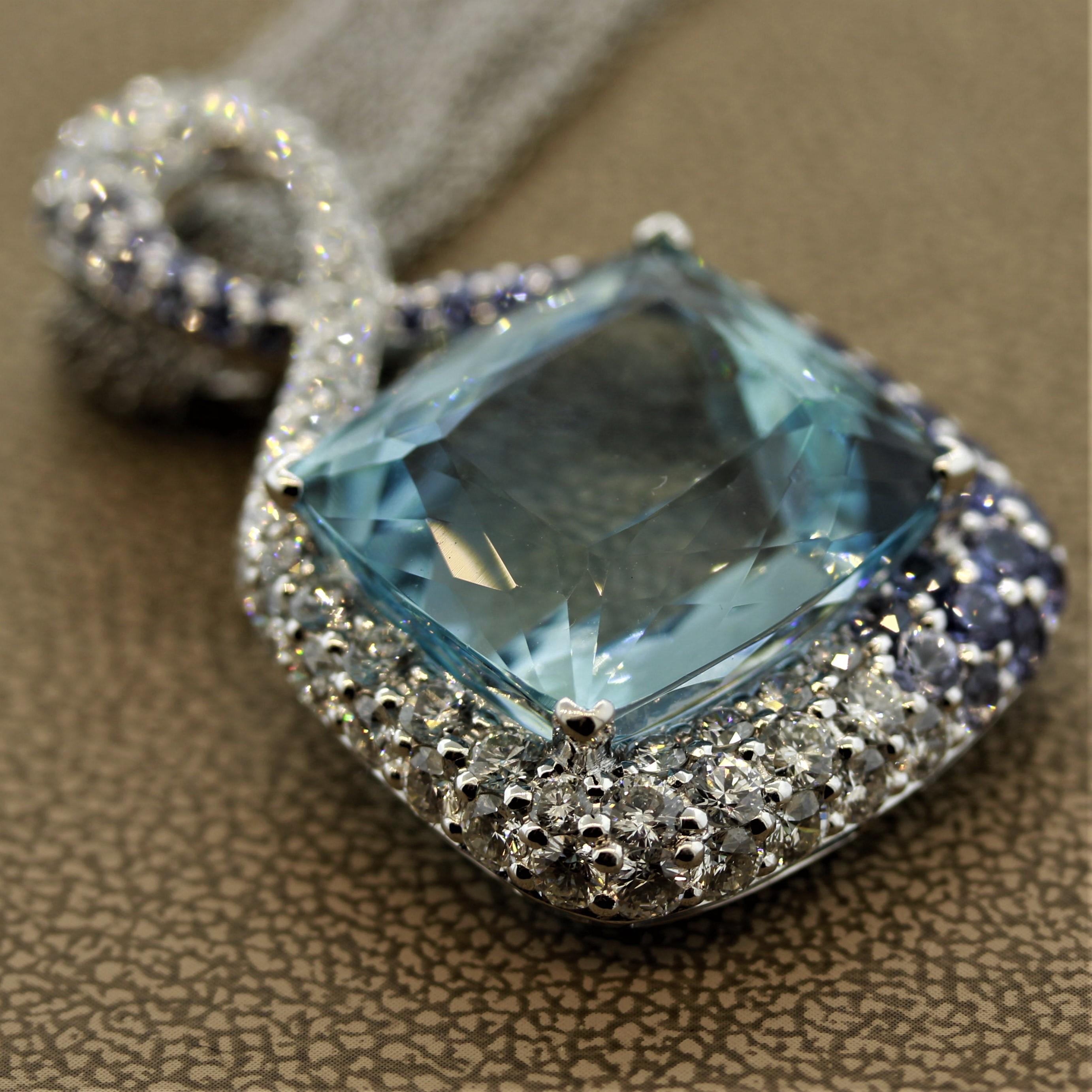 Women's Fine Aquamarine Diamond Sapphire Gold Pendant Necklace For Sale