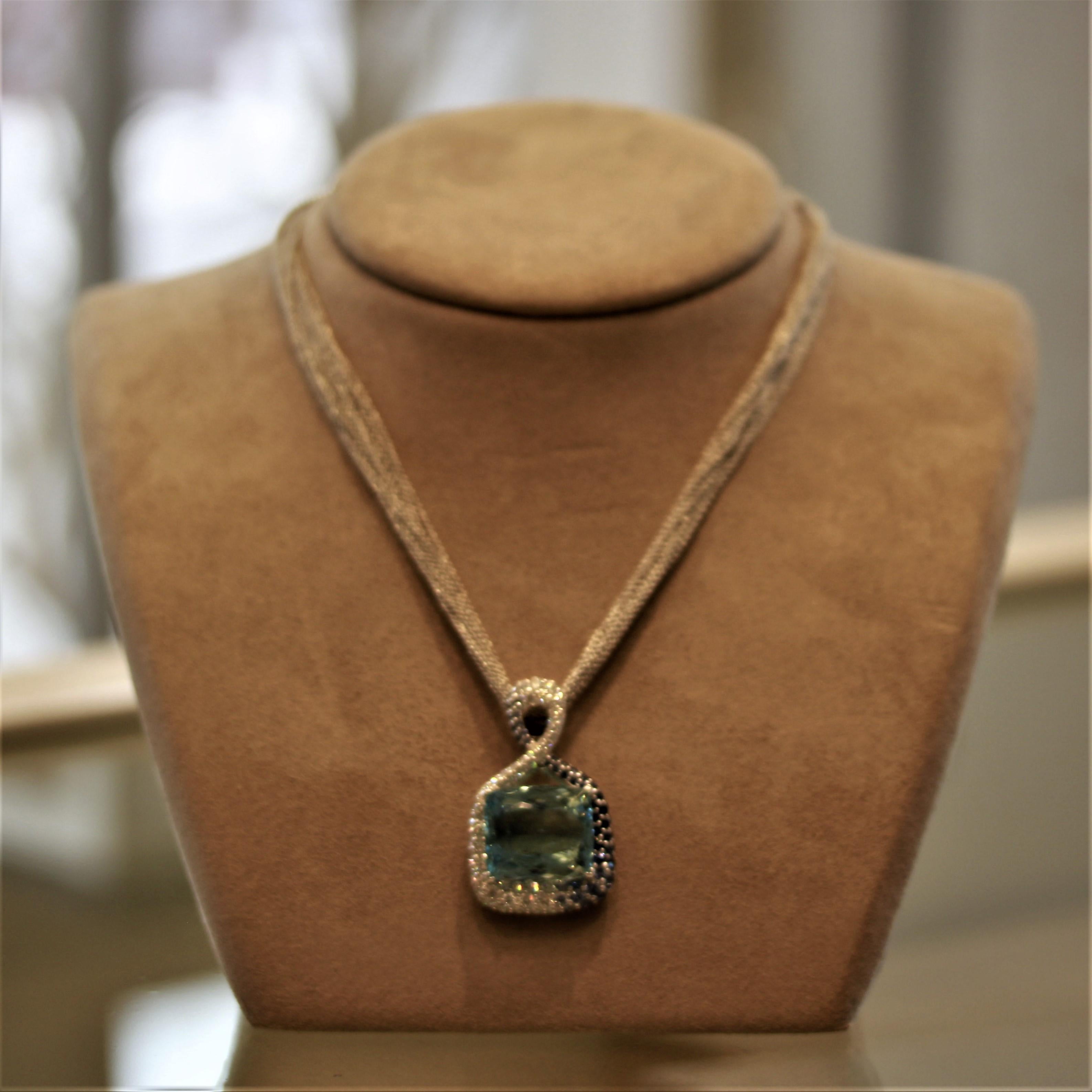 Fine Aquamarine Diamond Sapphire Gold Pendant Necklace For Sale 3