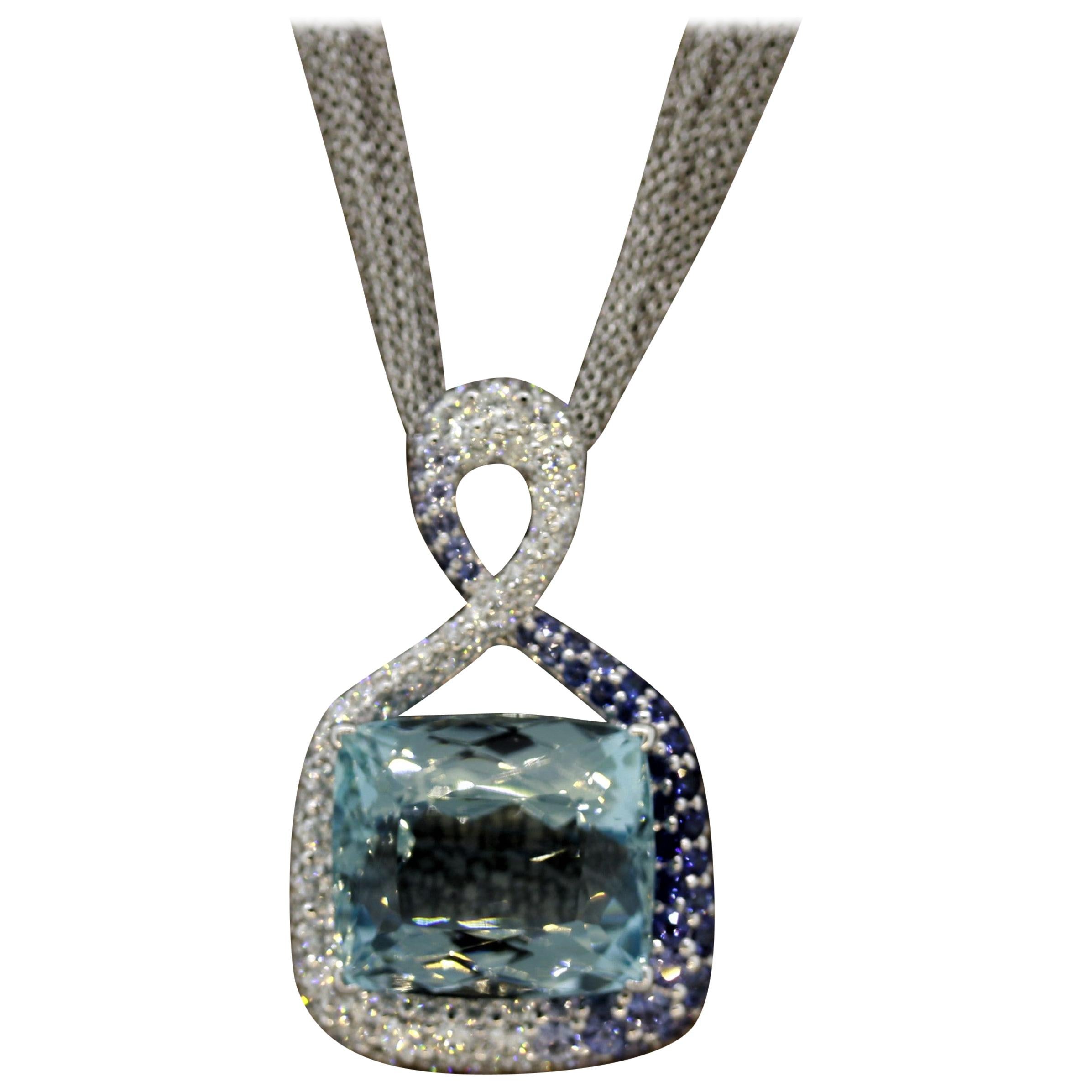 Fine Aquamarine Diamond Sapphire Gold Pendant Necklace For Sale