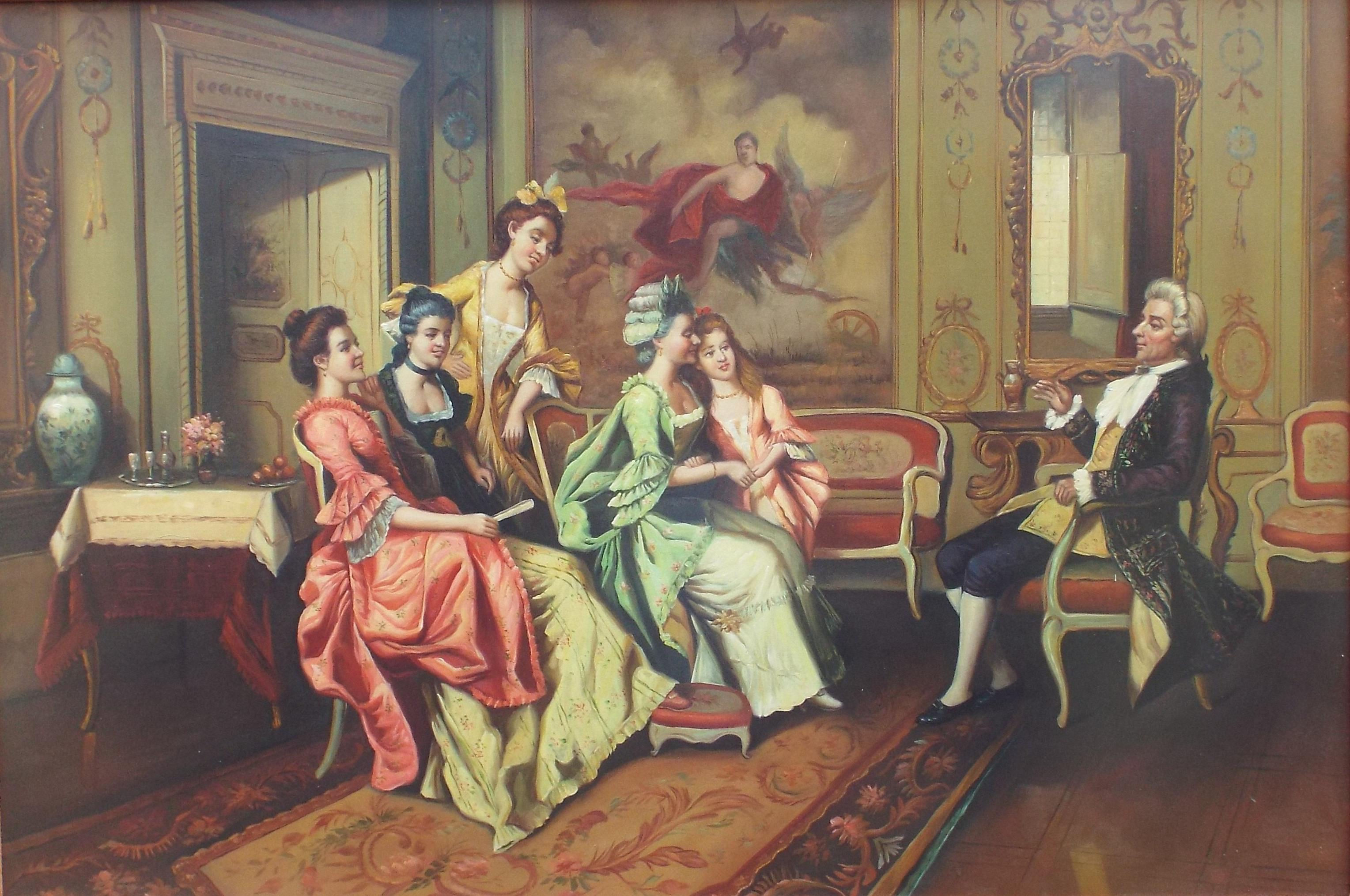 European Fine Aristocratic Interior Genre Oil Painting Set in Gilt Frame For Sale