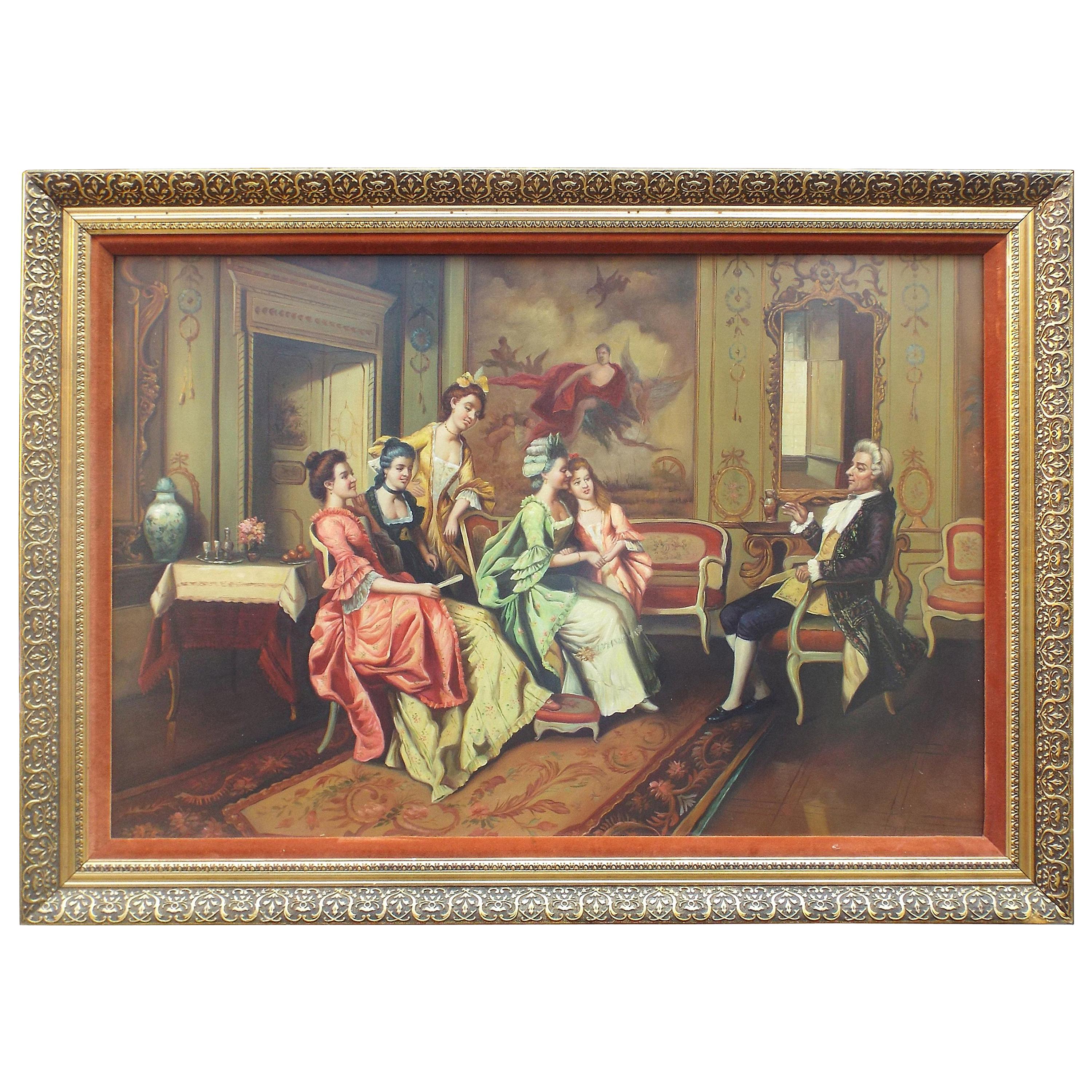 Fine Aristocratic Interior Genre Oil Painting Set in Gilt Frame For Sale