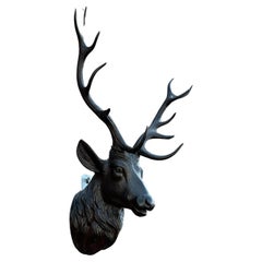 Fine Art Antique Hand Carved Wooden Black Forest Trophy-Like Deer Wall Sculpture