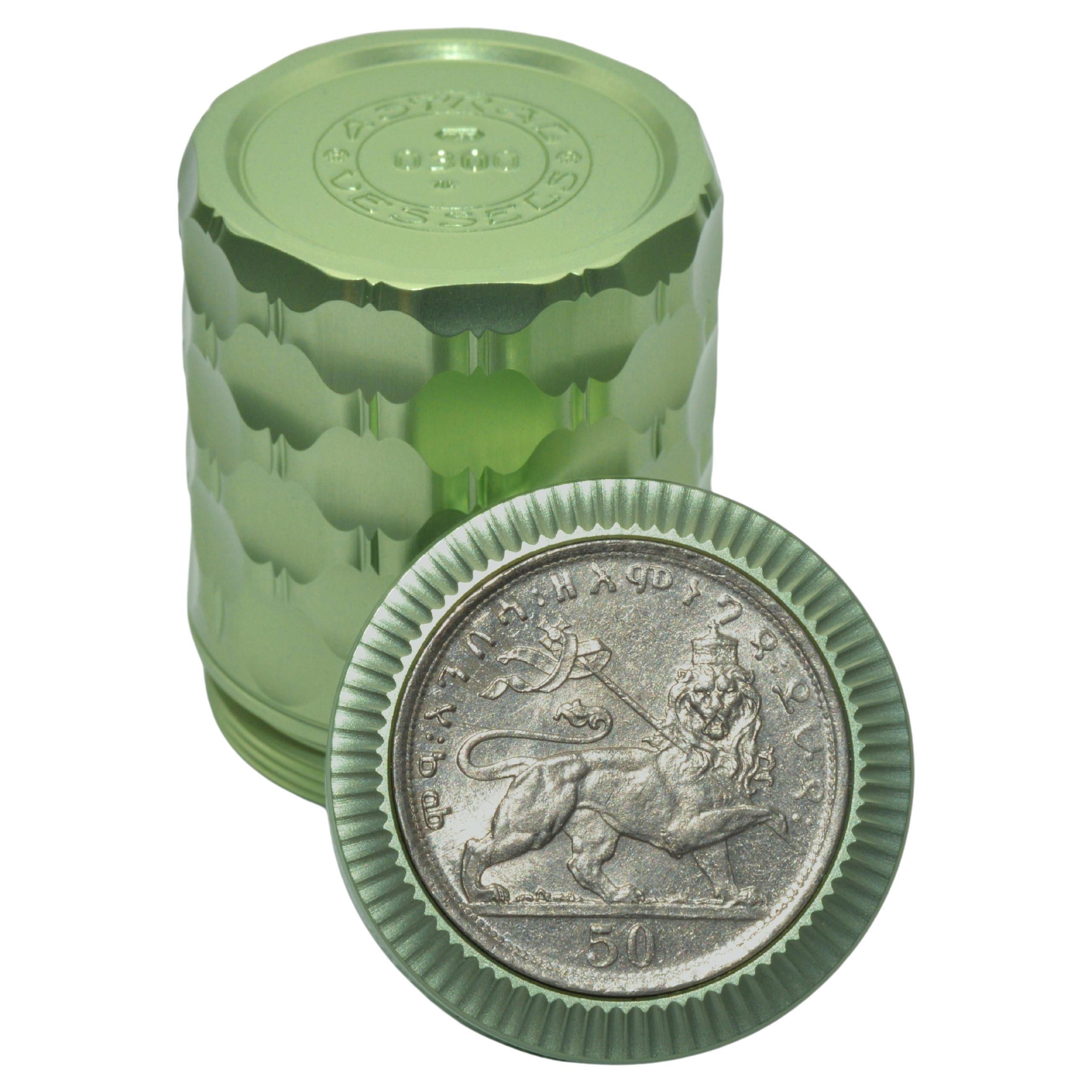 Fine Art Container with Ethiopian 50 Matonas Coin in Spring Green For Sale