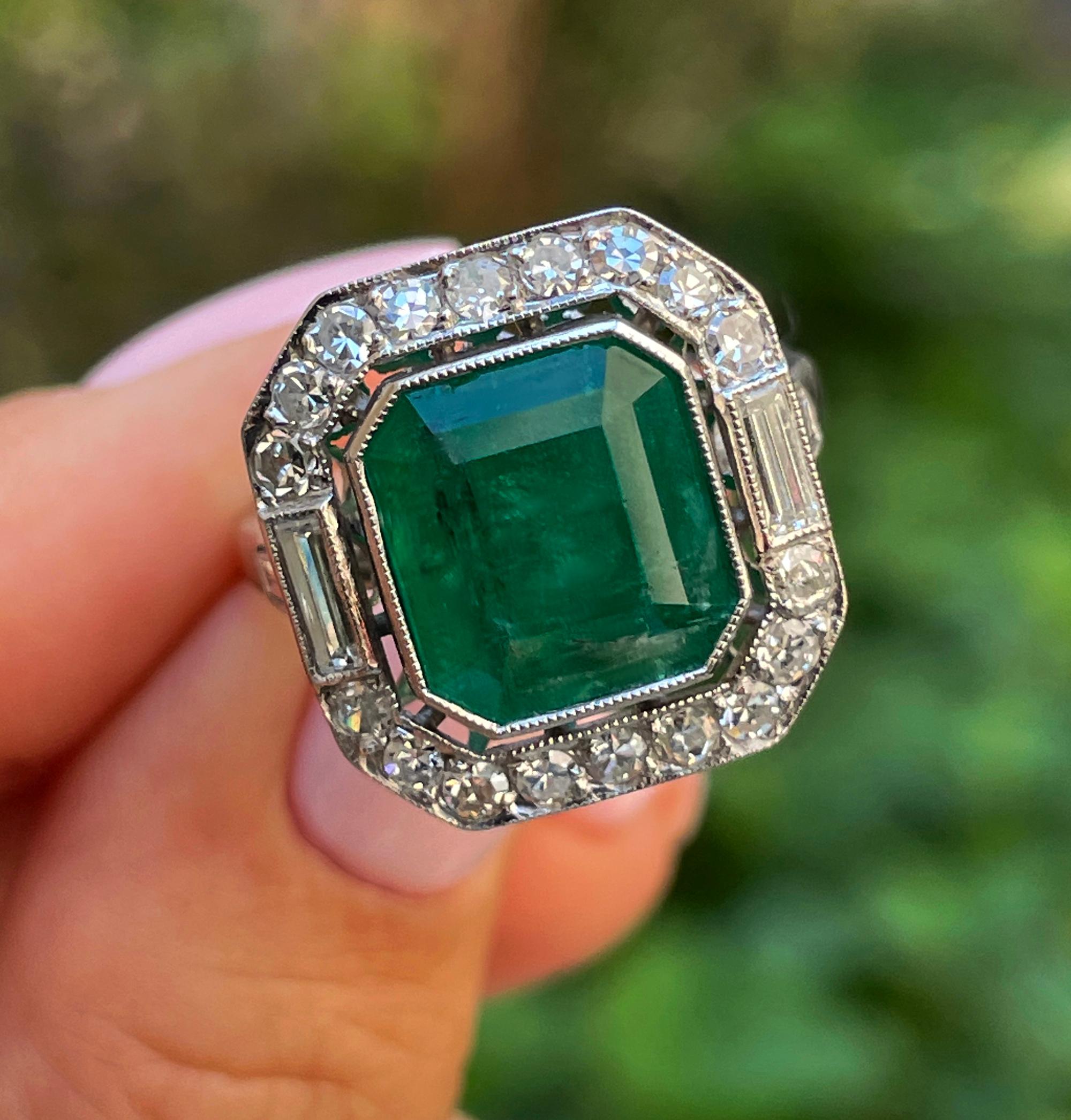 Fine Art Deco Style 5.50ctw GIA Green Emerald and Diamond Platinum Ring 7