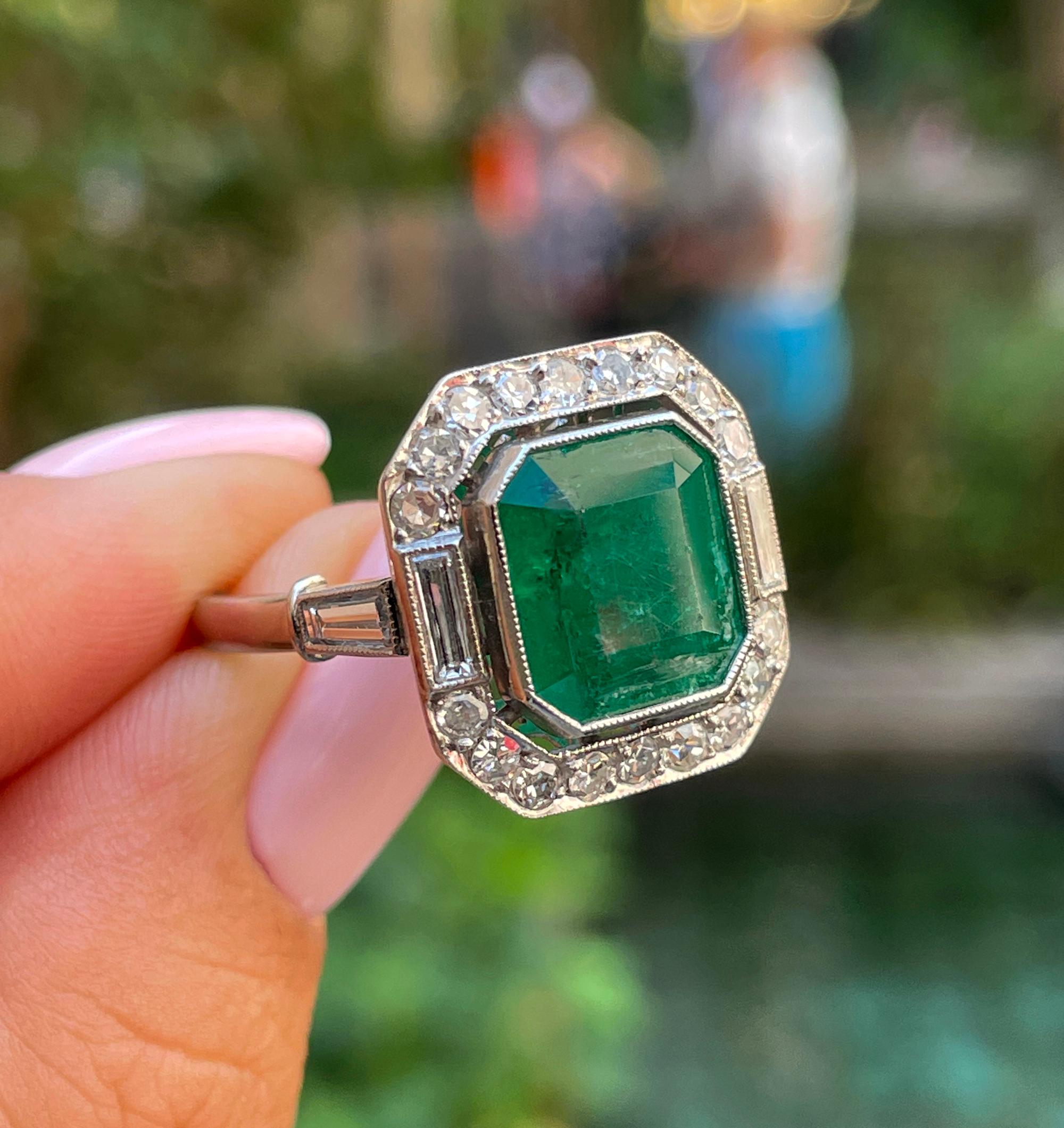Fine Art Deco Style 5.50ctw GIA Green Emerald and Diamond Platinum Ring 8