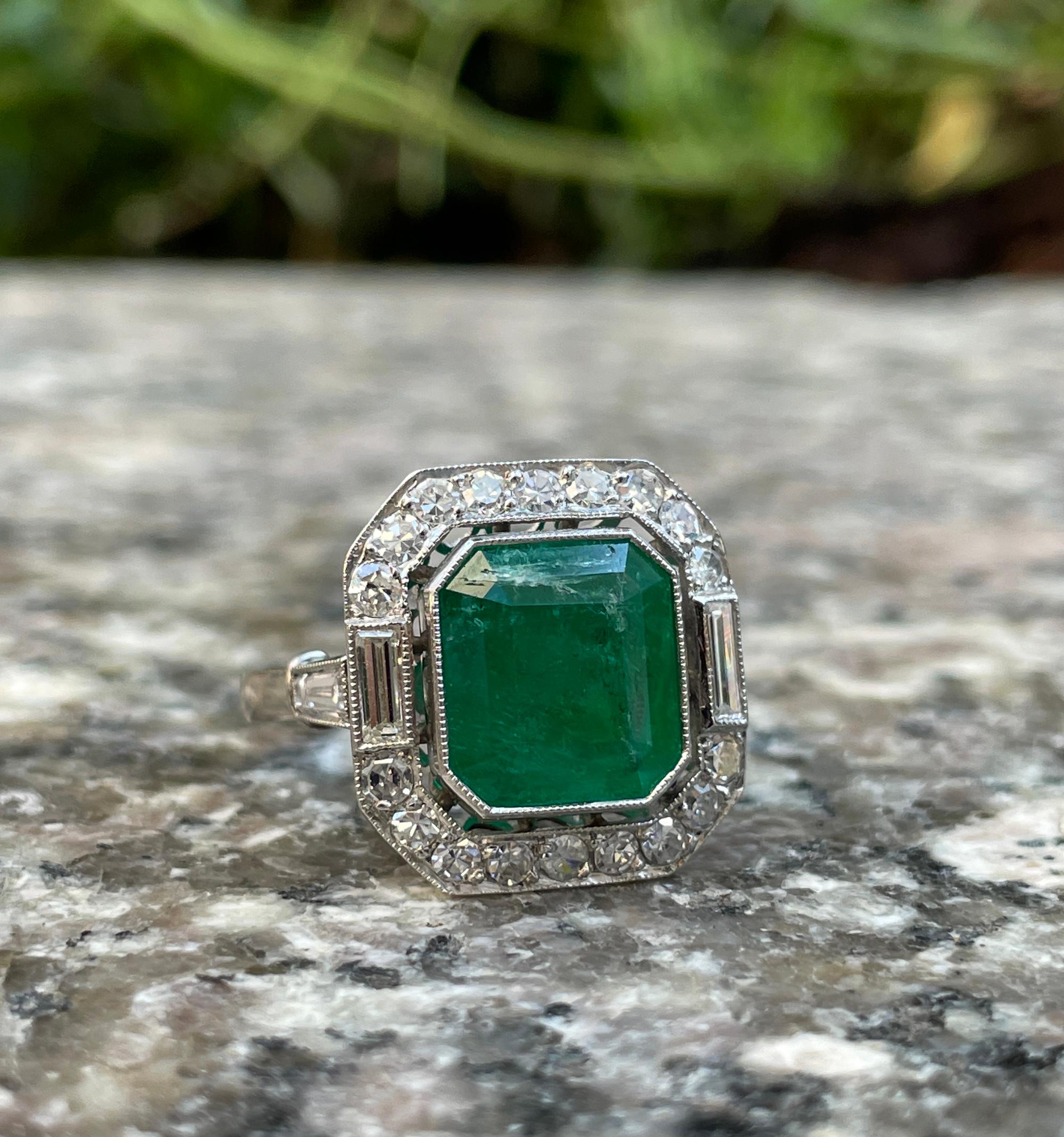 Fine Art Deco Style 5.50ctw GIA Green Emerald and Diamond Platinum Ring 11