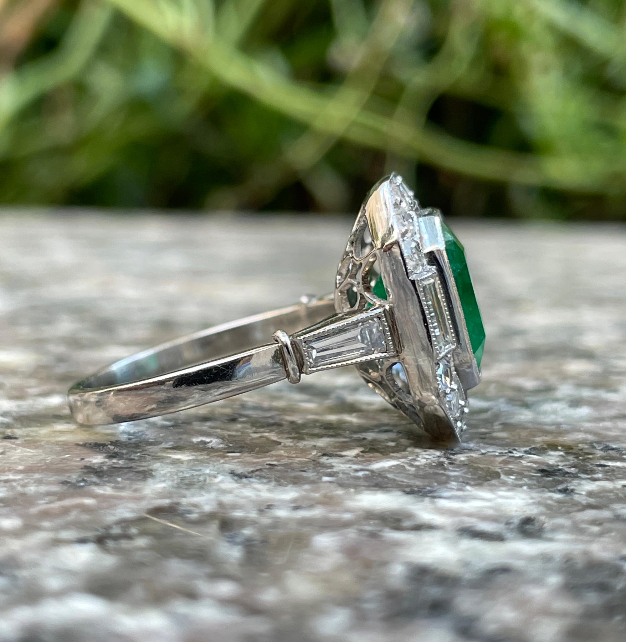 Fine Art Deco Style 5.50ctw GIA Green Emerald and Diamond Platinum Ring 12