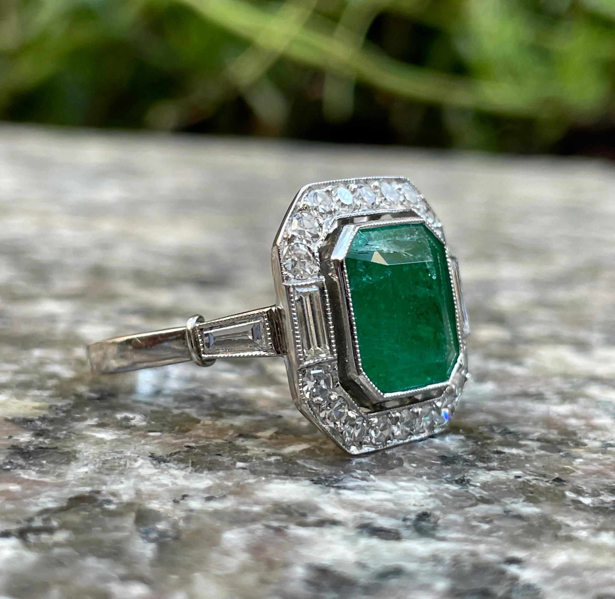 Fine Art Deco Style 5.50ctw GIA Green Emerald and Diamond Platinum Ring 13