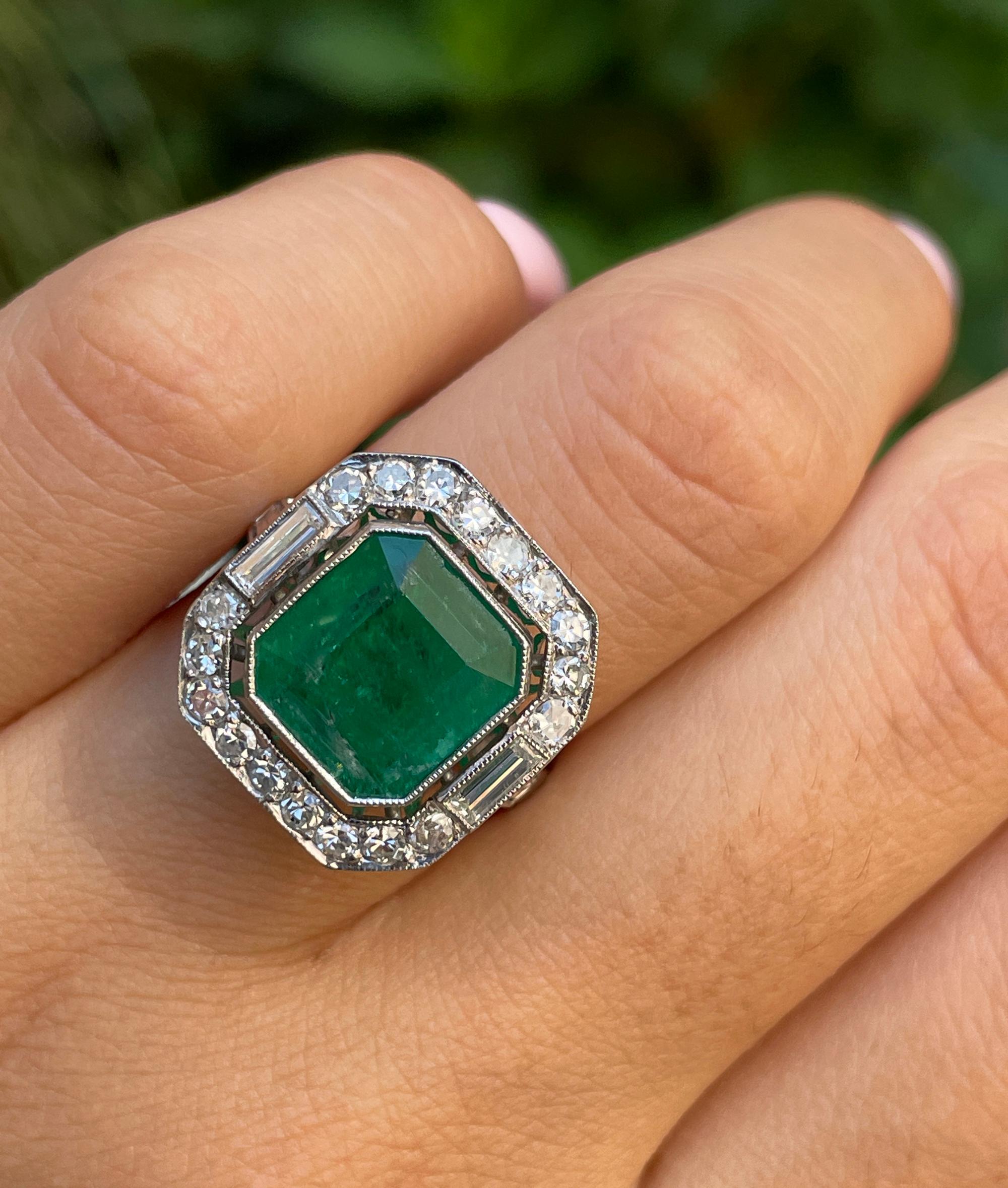 Fine Art Deco Style 5.50ctw GIA Green Emerald and Diamond Platinum Ring 15