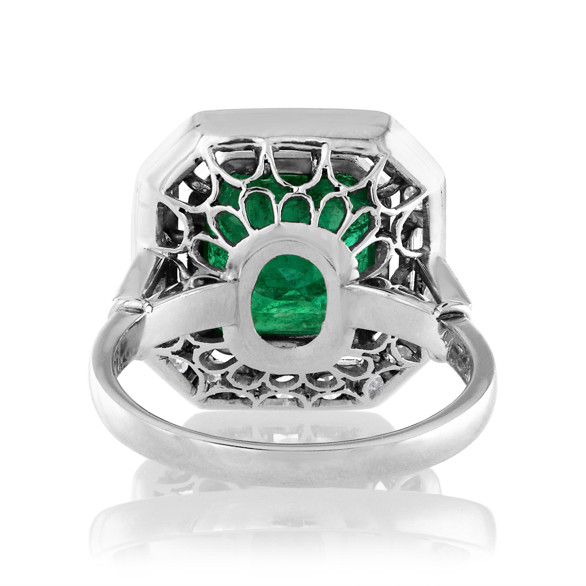 Octagon Cut Fine Art Deco Style 5.50ctw GIA Green Emerald and Diamond Platinum Ring