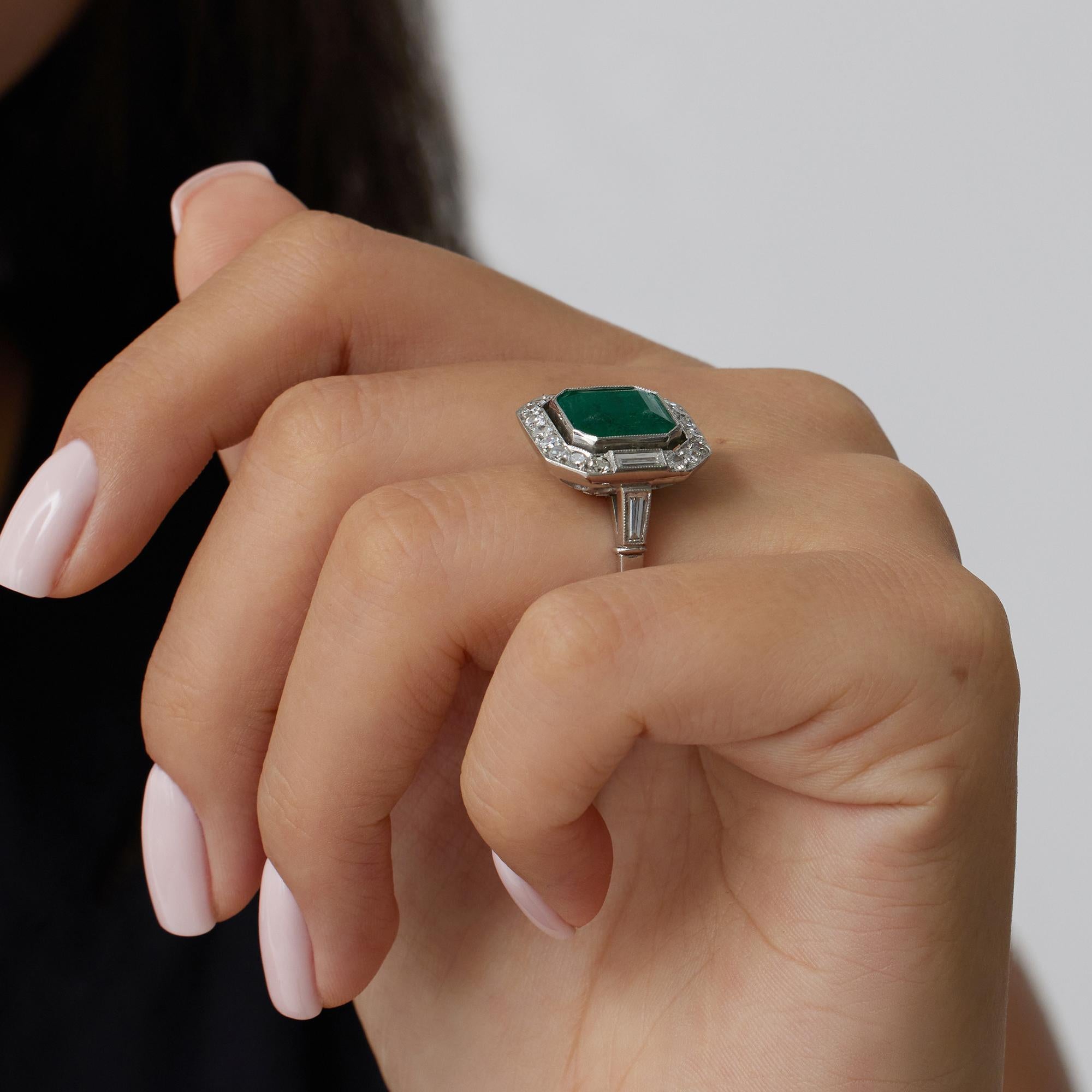 Fine Art Deco Style 5.50ctw GIA Green Emerald and Diamond Platinum Ring 2