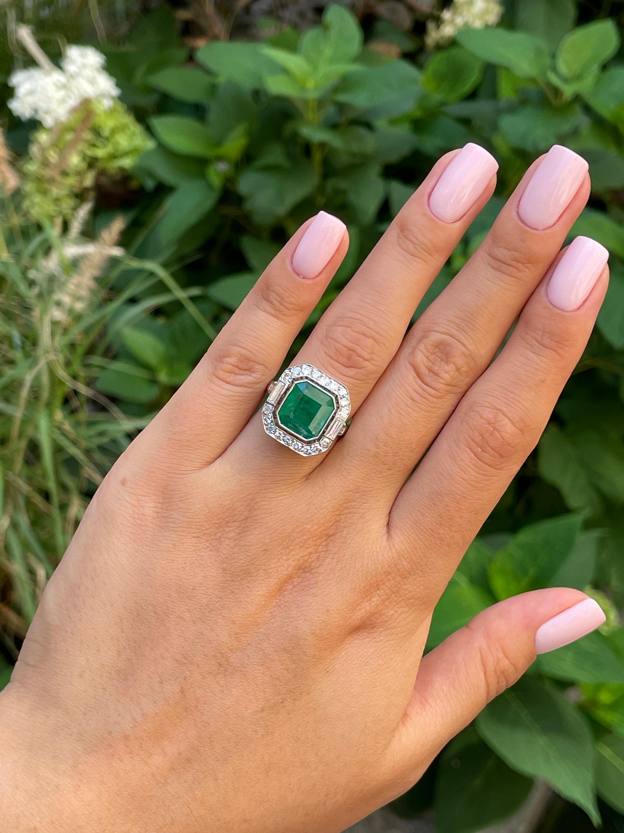 Fine Art Deco Style 5.50ctw GIA Green Emerald and Diamond Platinum Ring 4