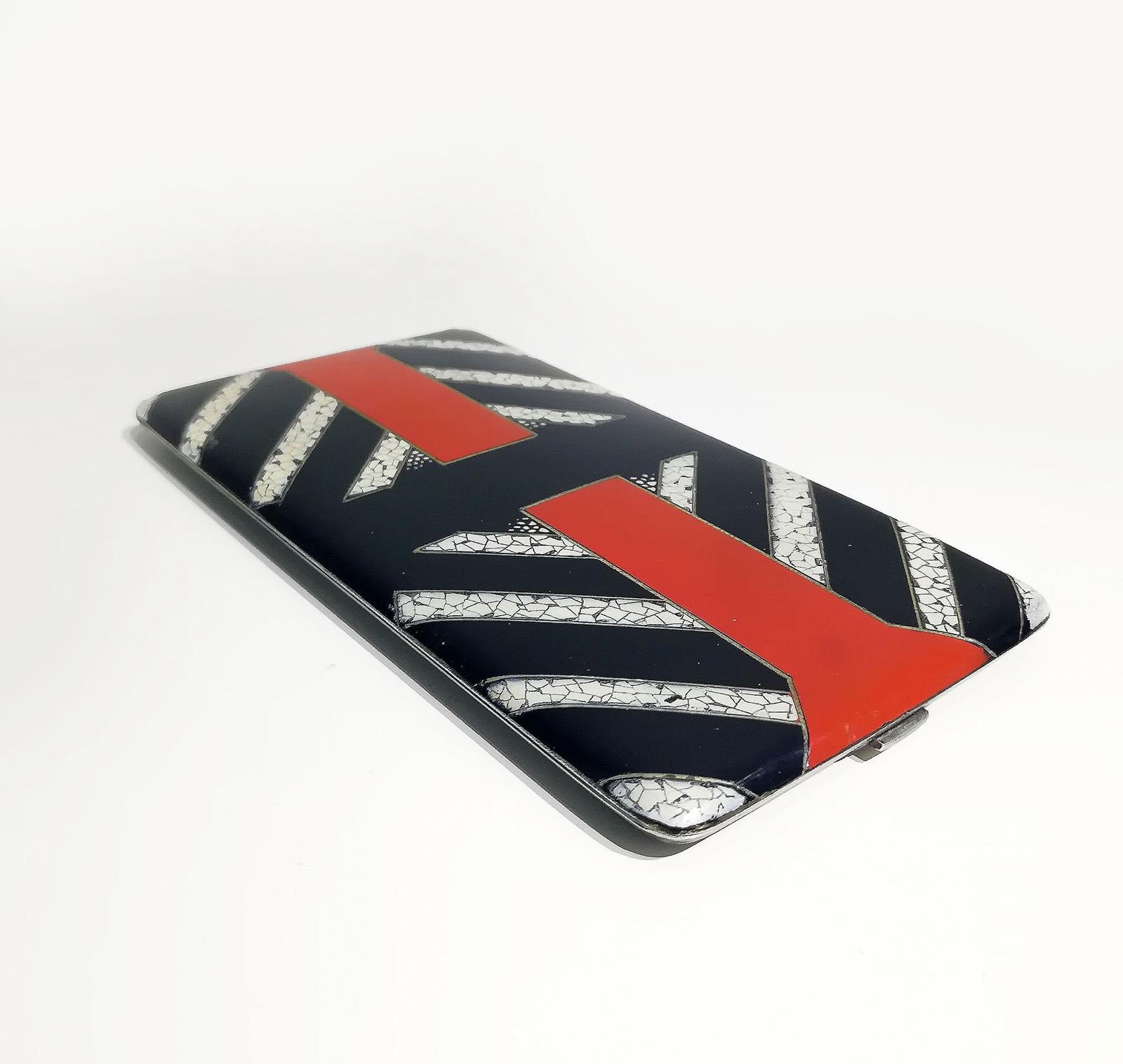 French Fine Art Deco Black Lacquered Silver and Eggshell Cigarette Case, circa 1930