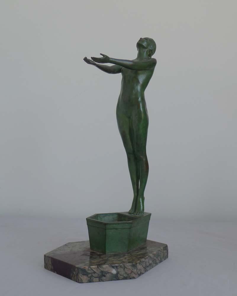 French Fine Art Deco Bronze Nude on Shaped Marble Base