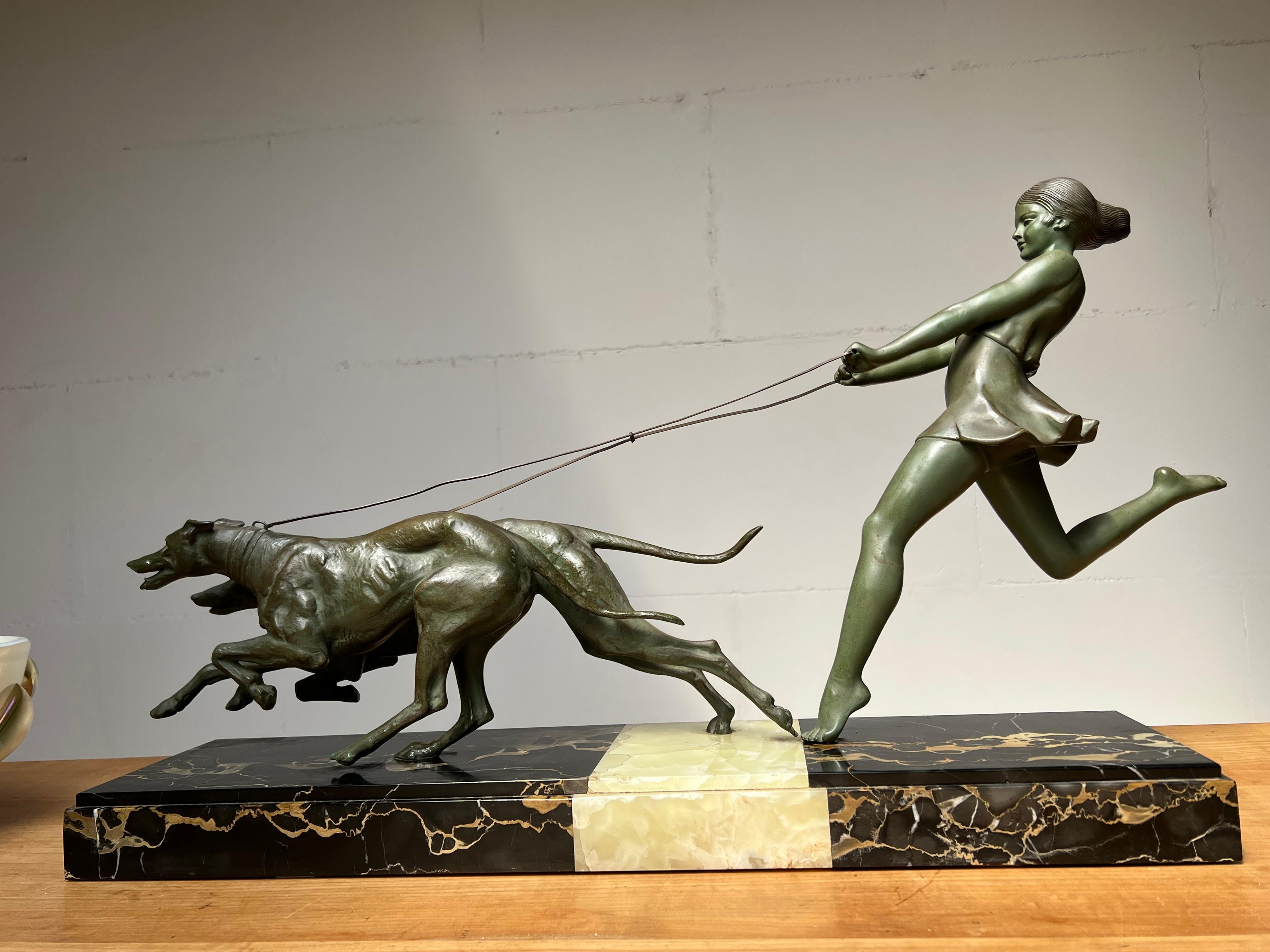 Fine Art Deco Bronzed Statue Girl with Greyhounds by French Sculptor Geo Maxim 3