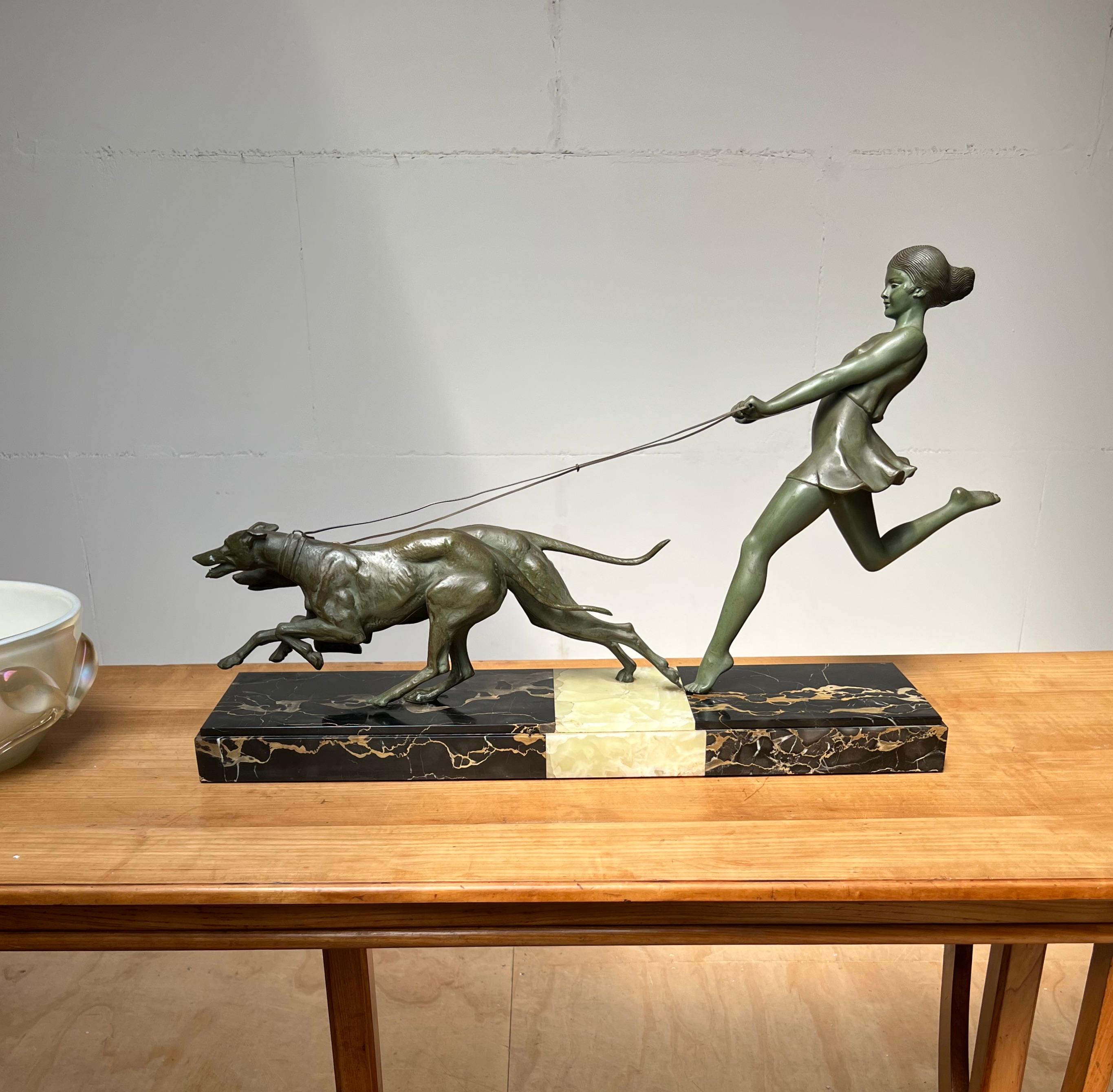 Fine Art Deco Bronzed Statue Girl with Greyhounds by French Sculptor Geo Maxim 10