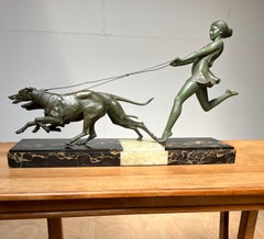 Fine Art Deco Bronzed Statue Girl with Greyhounds by French Sculptor Geo Maxim