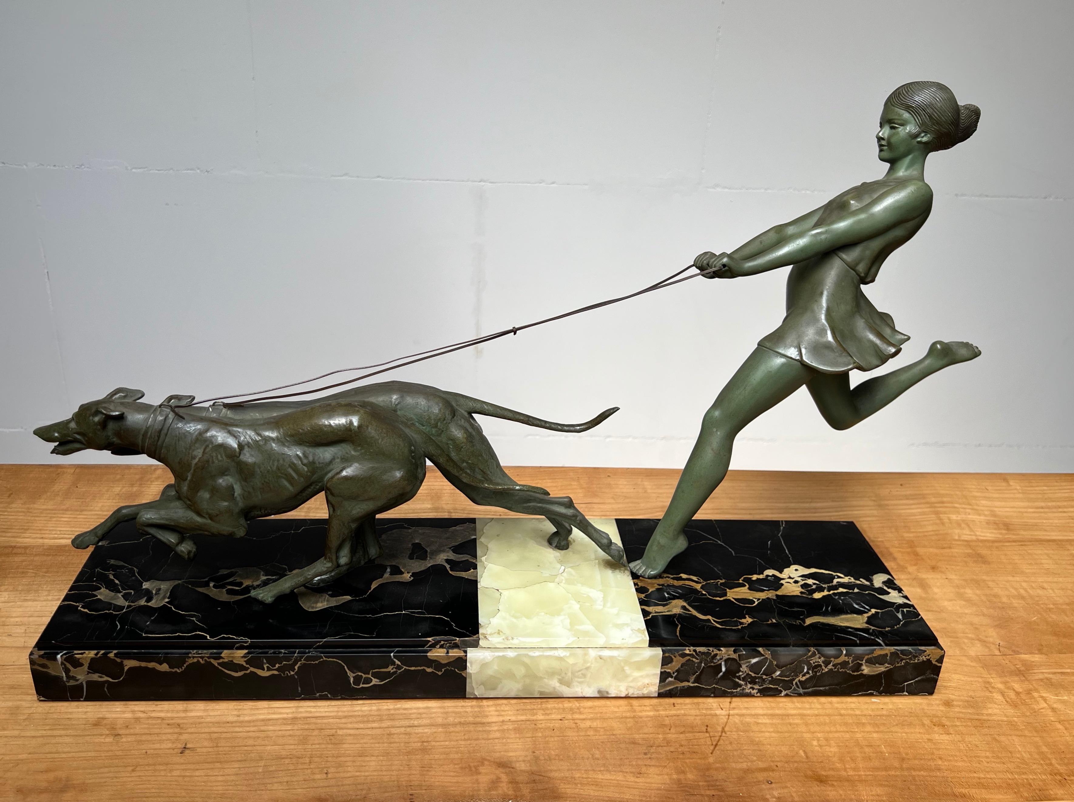 Cast Fine Art Deco Bronzed Statue Girl with Greyhounds by French Sculptor Geo Maxim