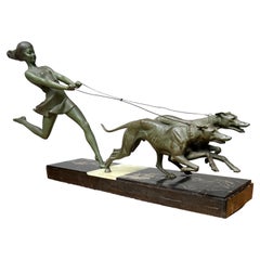 Fine Art Deco Bronzed Statue Girl with Greyhounds by French Sculptor Geo Maxim