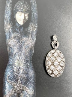 Fine Art Deco Diamond Platinum 18K Yellow Gold Oval Reticulated Locket Pendant