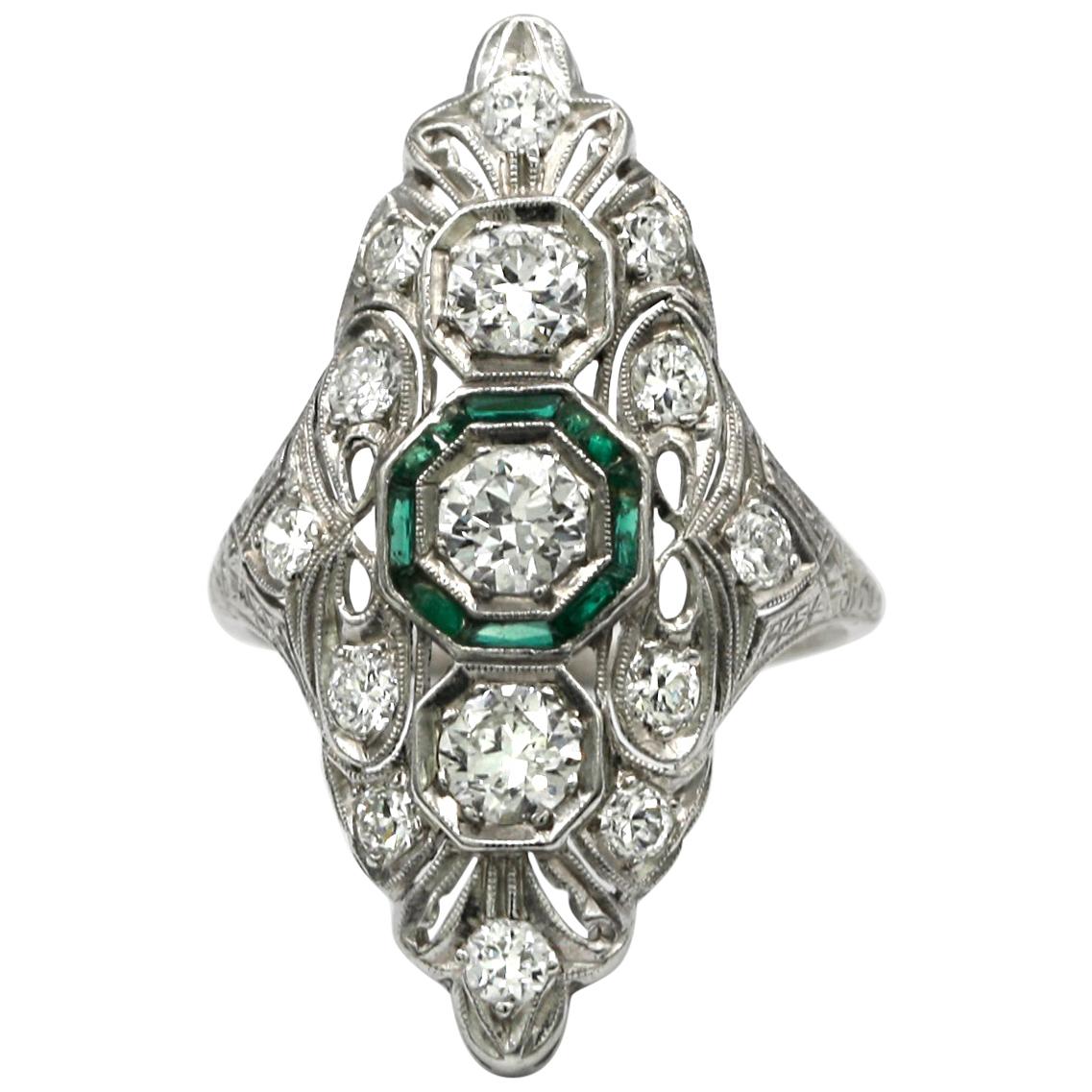 Fine Art Deco Emerald and Diamond Ring For Sale