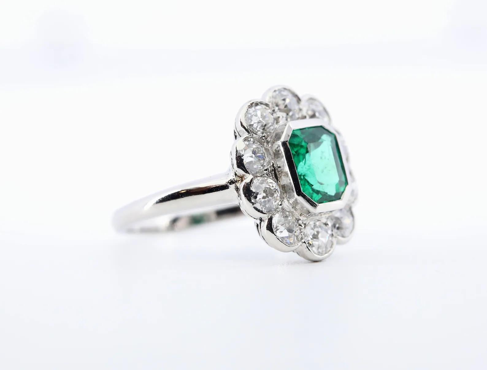 Emerald Cut GIA Art Deco Emerald, & Diamond Ring in Platinum For Sale