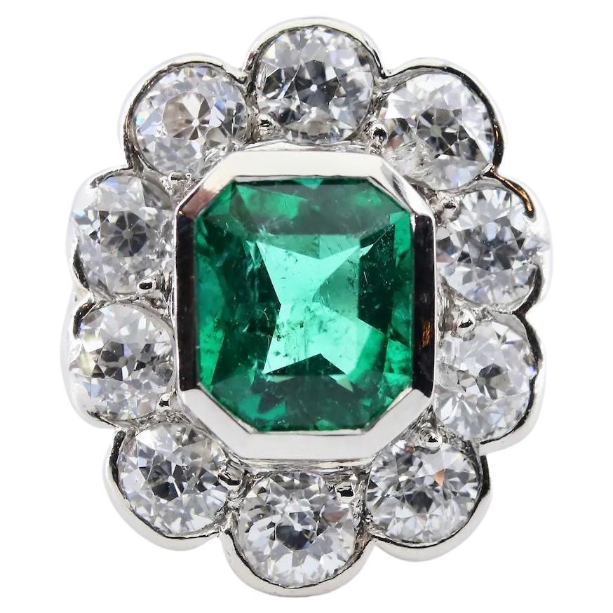 GIA Art Deco Emerald, & Diamond Ring in Platinum For Sale