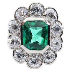 Antique GIA Art Deco Emerald, & Diamond Ring in Platinum