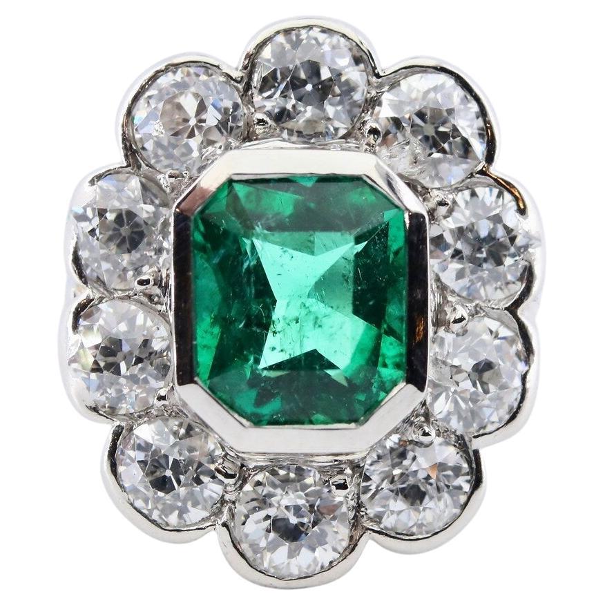 Fine Art Deco Emerald, & Diamond Ring in Platinum For Sale