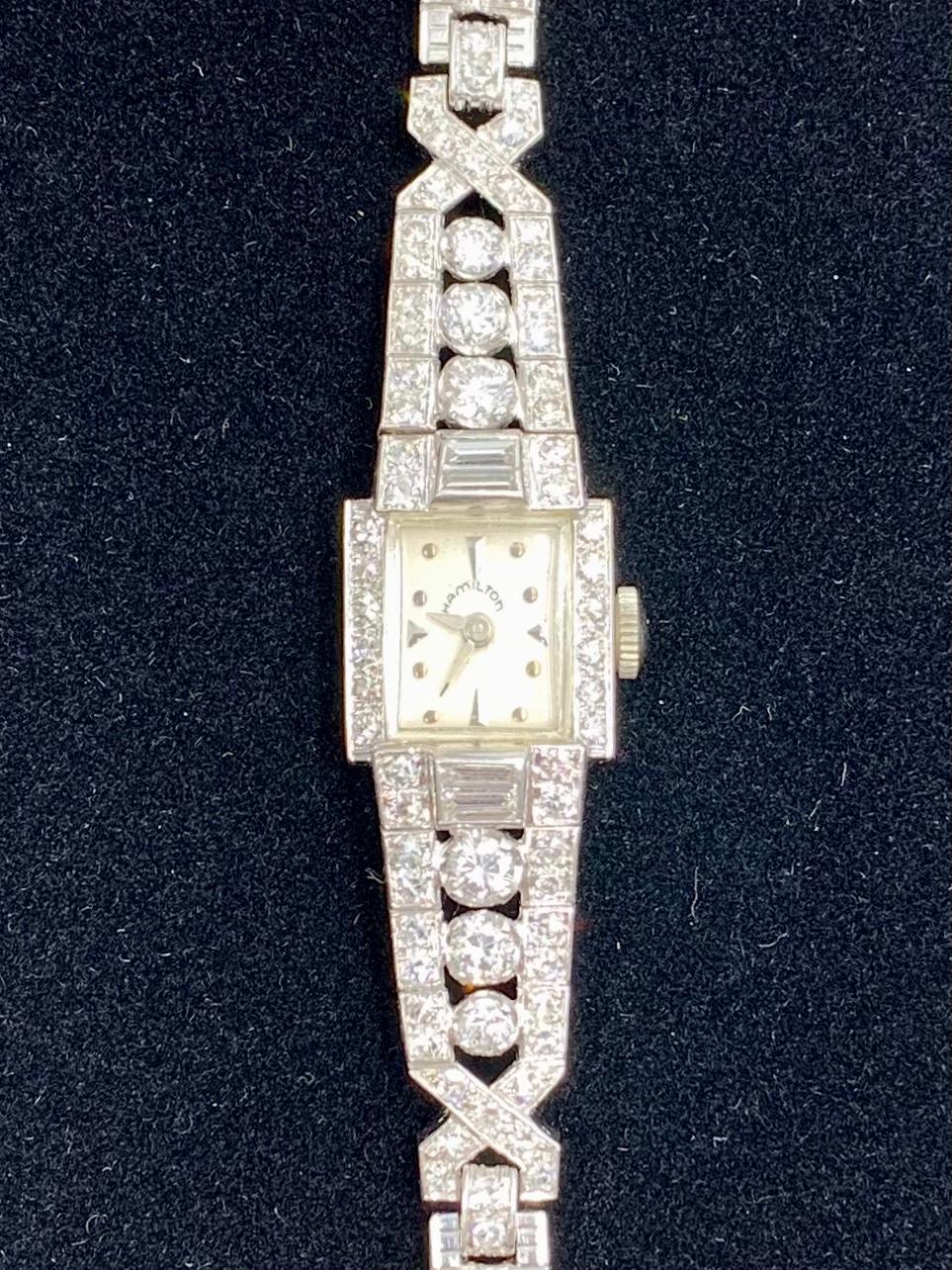 Fine Art Deco Hamilton 4.8 Carat Diamond Platinum Dress Watch For Sale 7