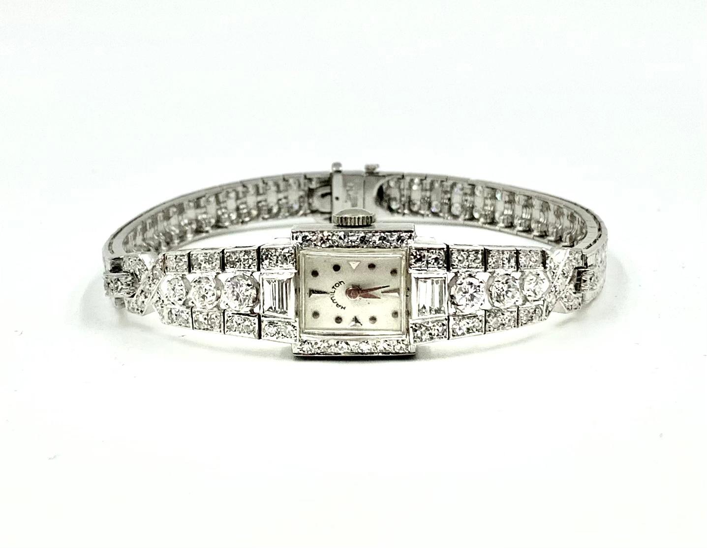 Fine Art Deco Hamilton 4.8 Carat Diamond Platinum Dress Watch In Good Condition For Sale In New York, NY