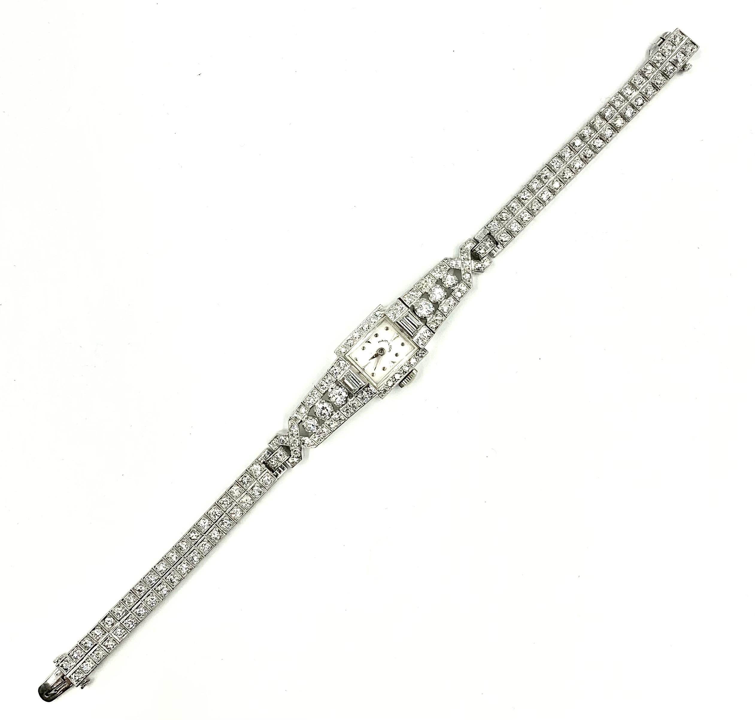 Women's or Men's Fine Art Deco Hamilton 4.8 Carat Diamond Platinum Dress Watch For Sale