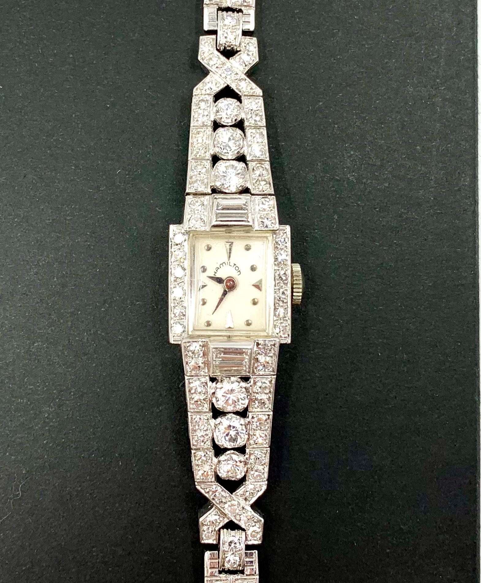 Fine Art Deco Hamilton 4.8 Carat Diamond Platinum Dress Watch For Sale 2