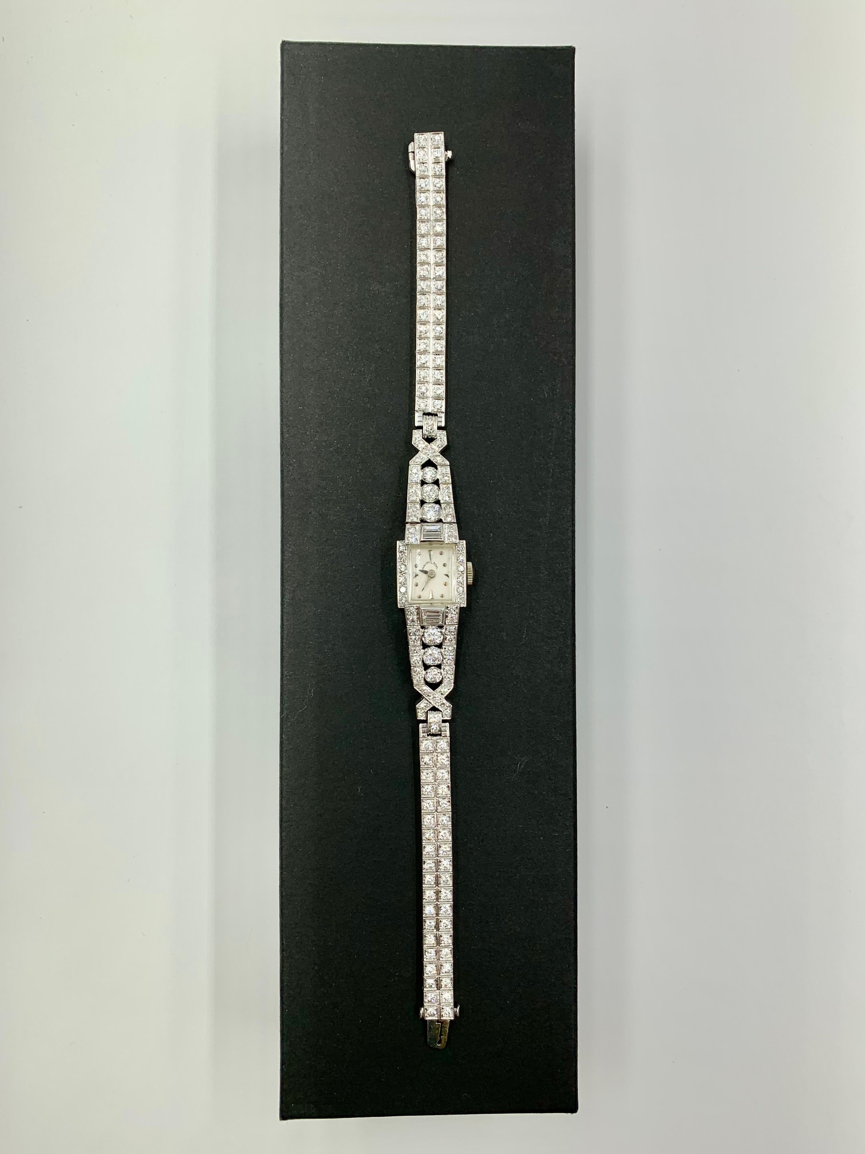 Fine Art Deco Hamilton 4.8 Carat Diamond Platinum Dress Watch For Sale 3