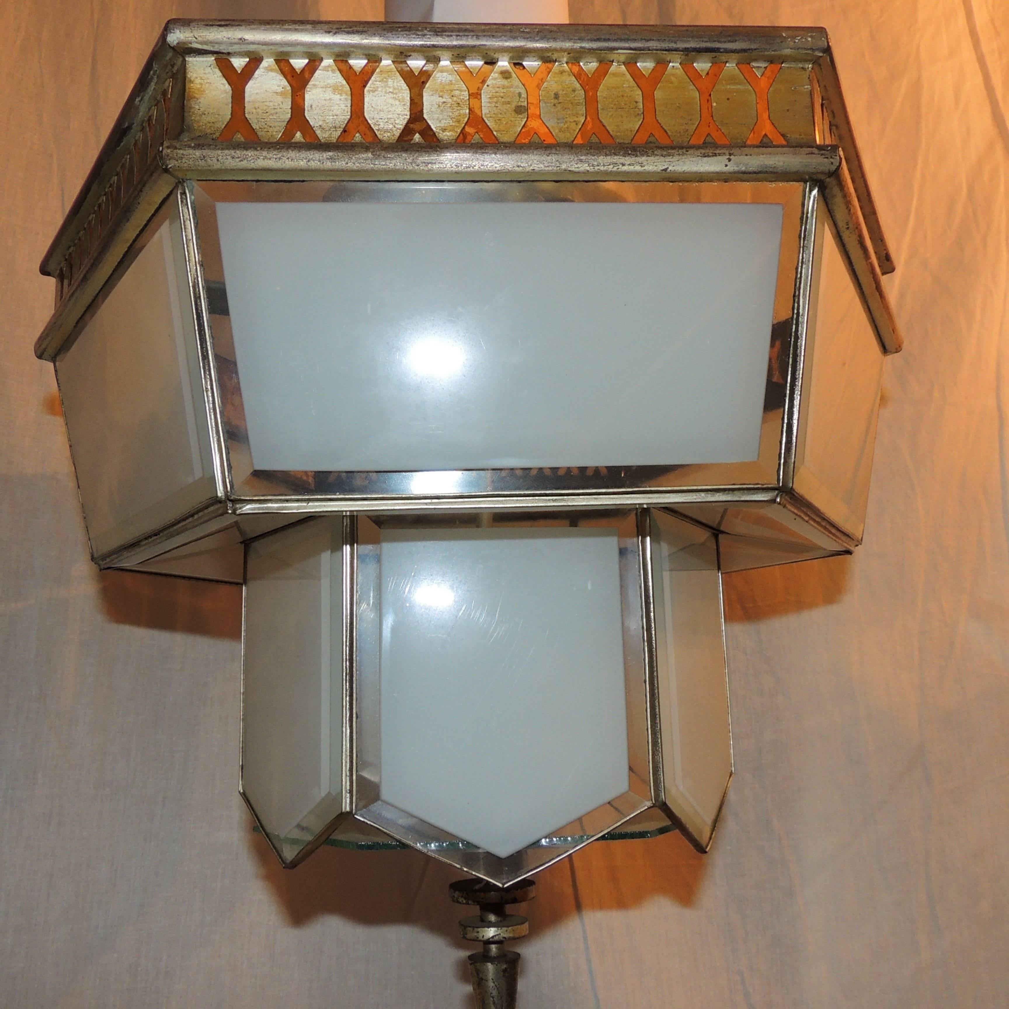 Fine Art Deco Hexagon Frosted Glass Nickel Chandelier Flush Mount Fixture Modern In Good Condition For Sale In Roslyn, NY