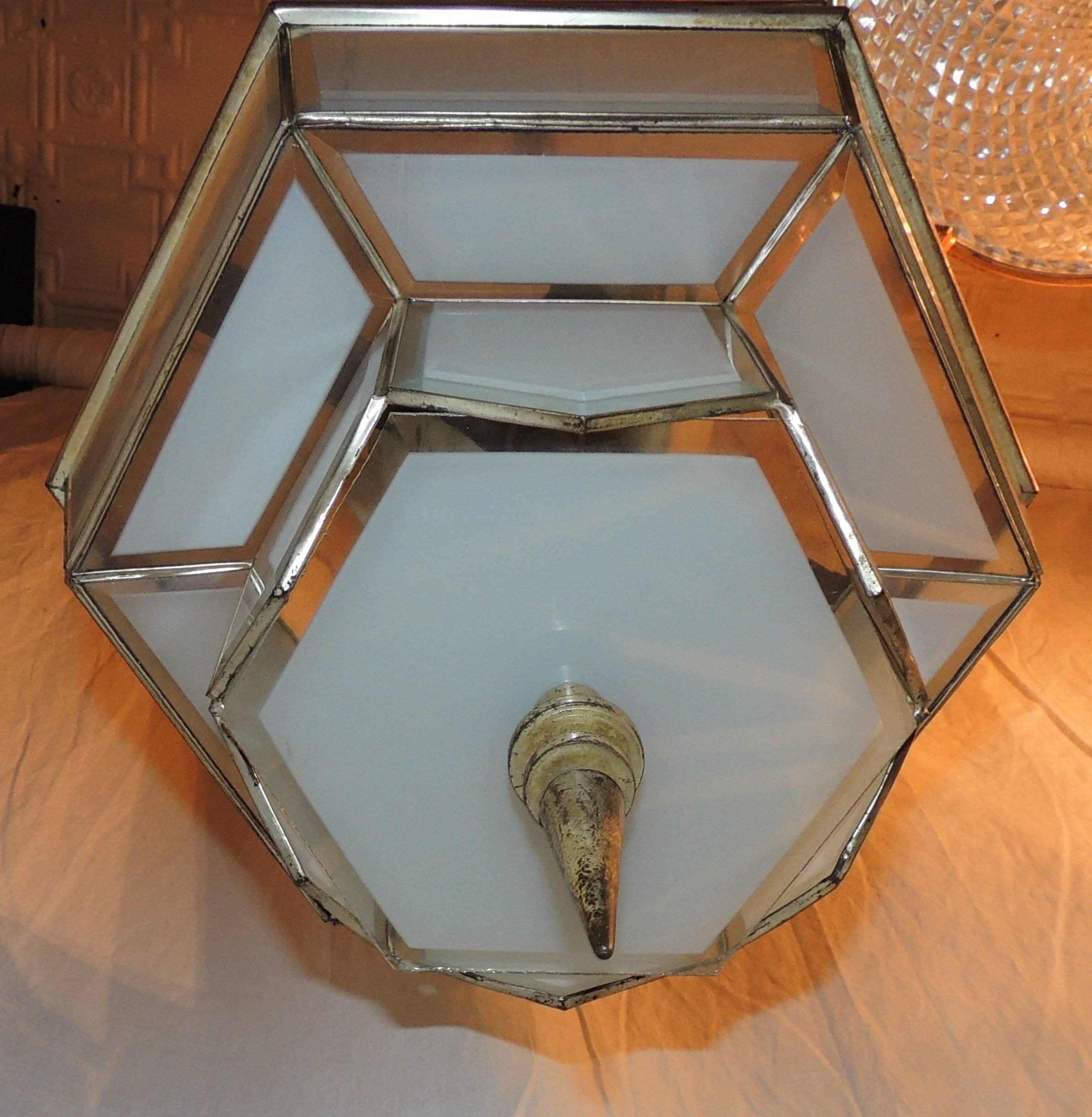Fine Art Deco Hexagon Frosted Glass Nickel Chandelier Flush Mount Fixture Modern For Sale 1
