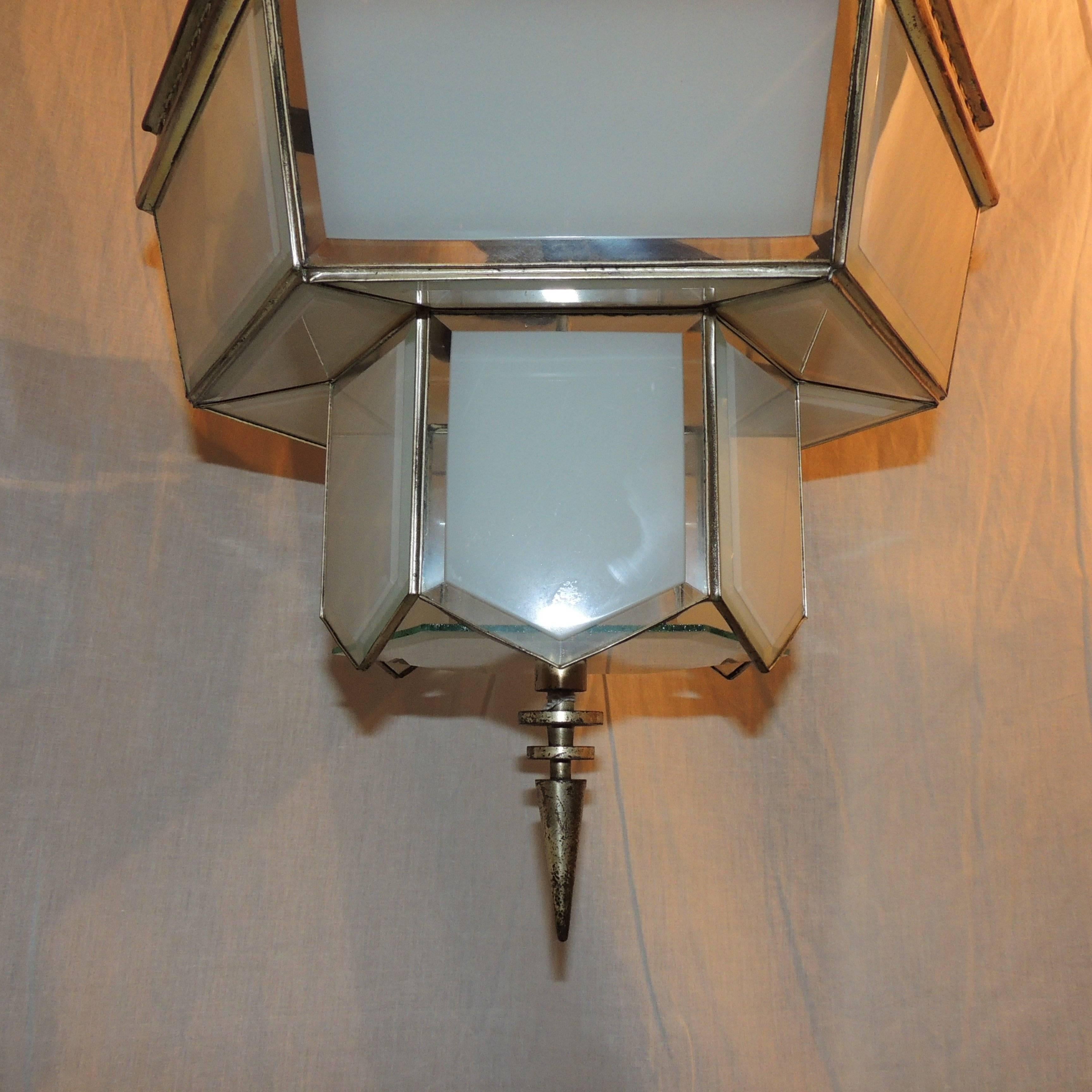 Fine Art Deco Hexagon Frosted Glass Nickel Chandelier Flush Mount Fixture Modern For Sale 2