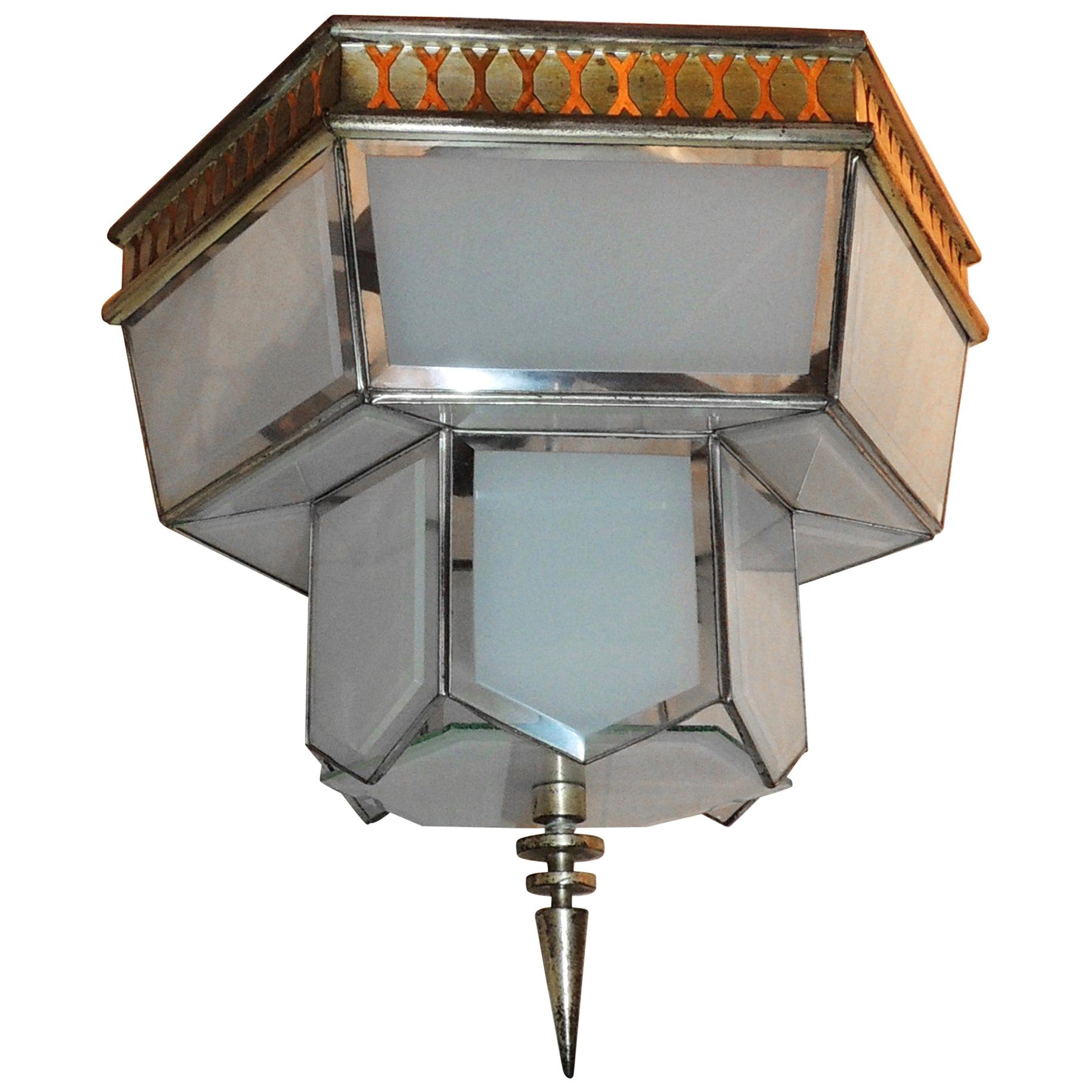 Fine Art Deco Hexagon Frosted Glass Nickel Chandelier Flush Mount Fixture Modern For Sale