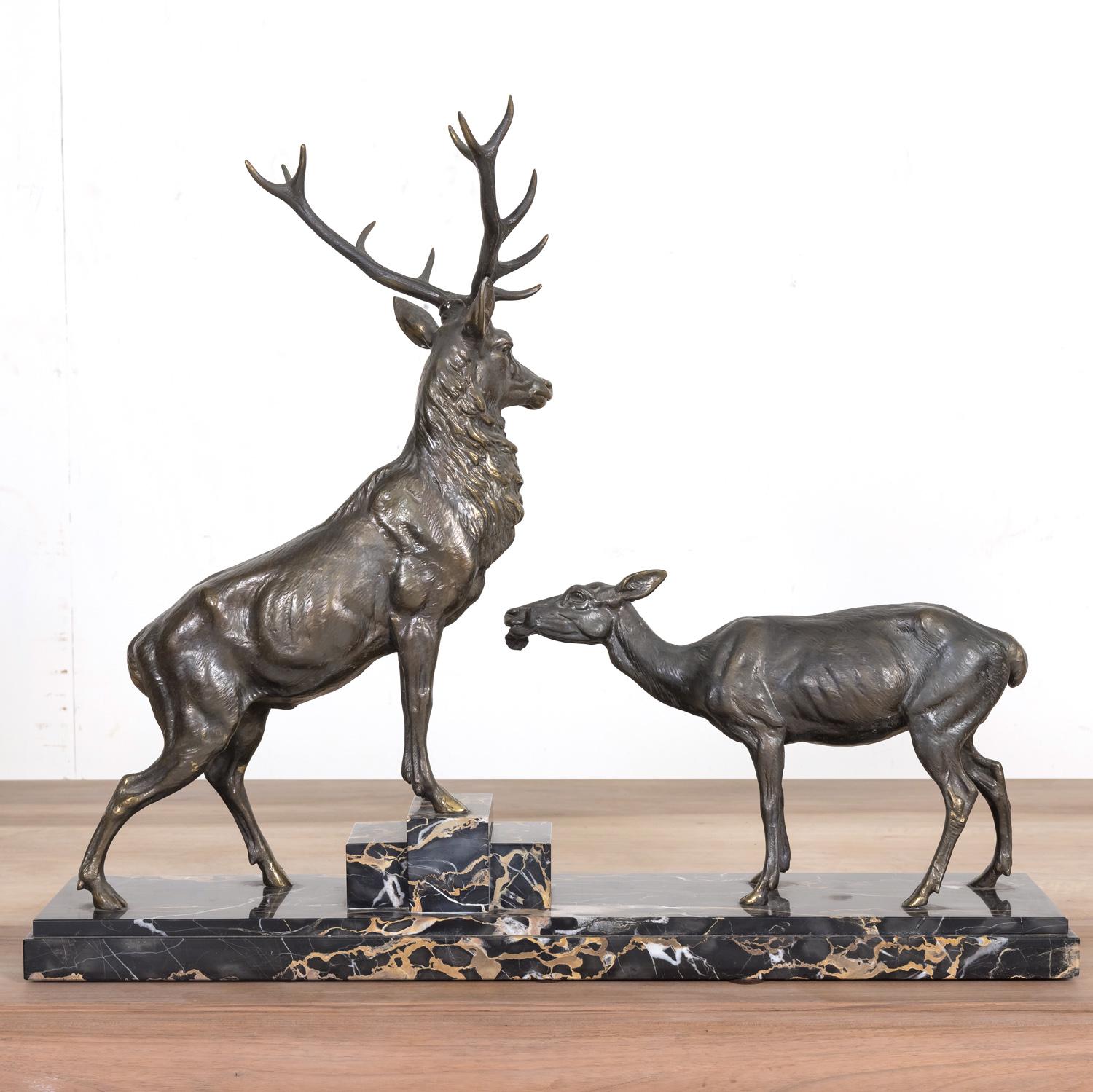  Fine Art Deco Louis Albert Carvin Spelter Animalier Sculpture of Stag and Doe 10