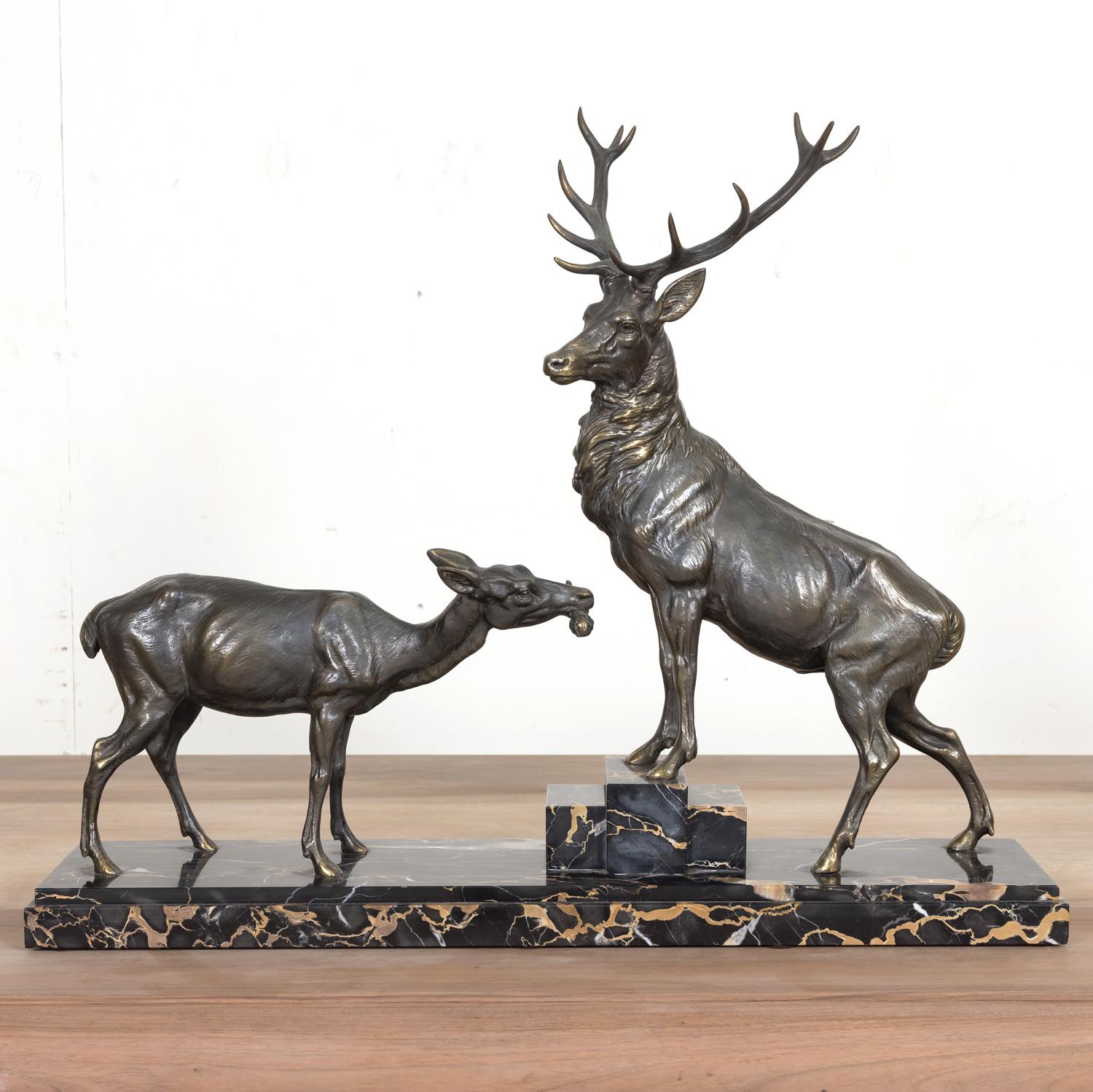 French  Fine Art Deco Louis Albert Carvin Spelter Animalier Sculpture of Stag and Doe