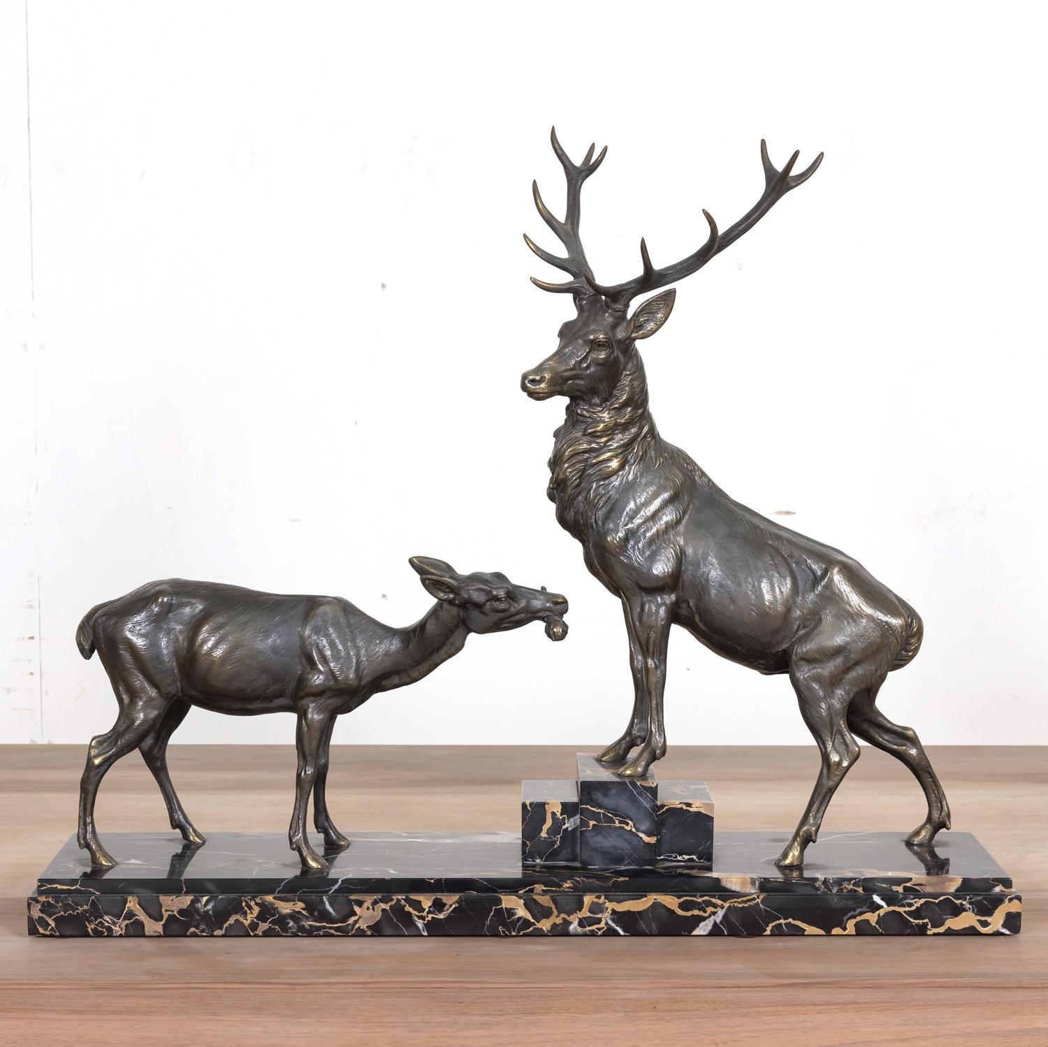  Fine Art Deco Louis Albert Carvin Spelter Animalier Sculpture of Stag and Doe 2